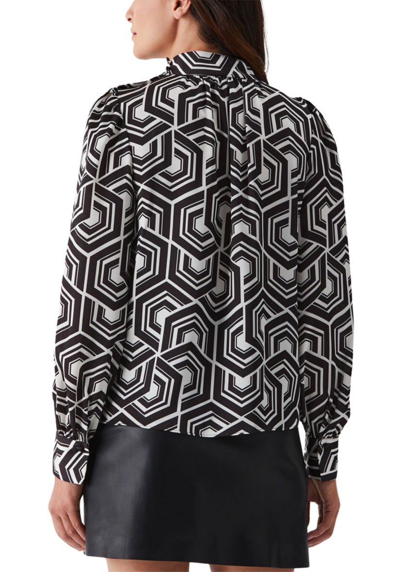 Womens Large Geometric Maze Print Shoulder Button Mock Neck Long Sleeve Blouse