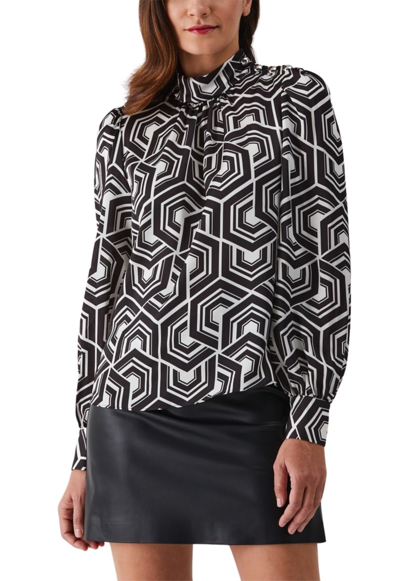 Womens Large Geometric Maze Print Shoulder Button Mock Neck Long Sleeve Blouse