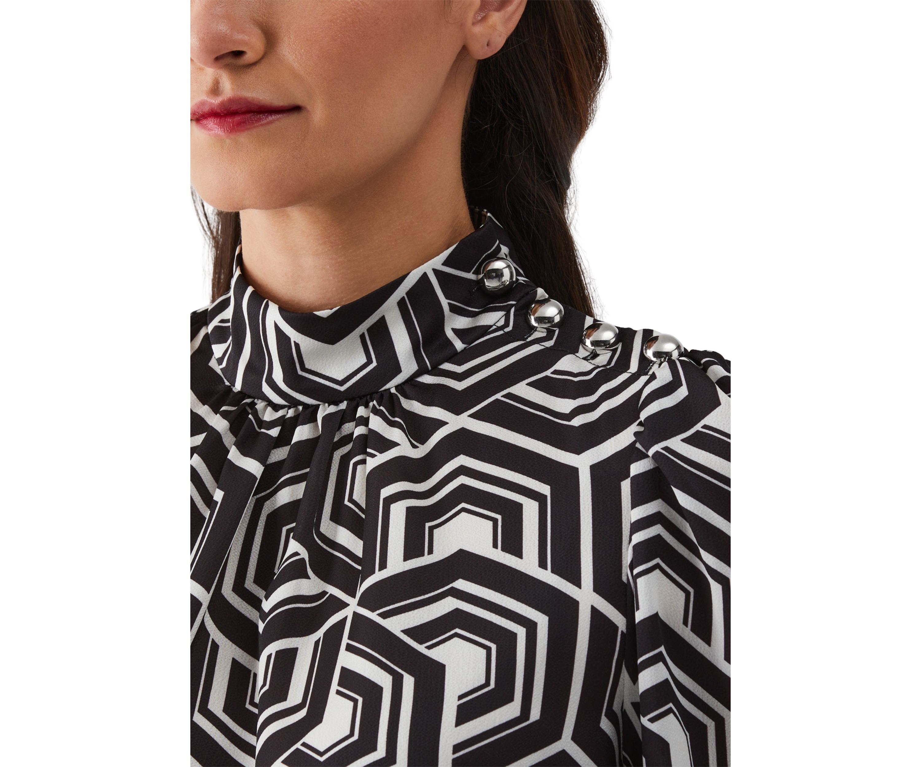Womens Large Geometric Maze Print Shoulder Button Mock Neck Long Sleeve Blouse