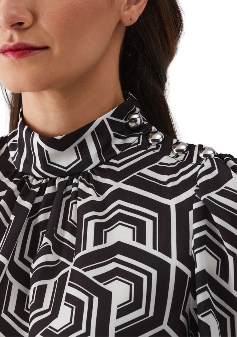 Womens Large Geometric Maze Print Shoulder Button Mock Neck Long Sleeve Blouse