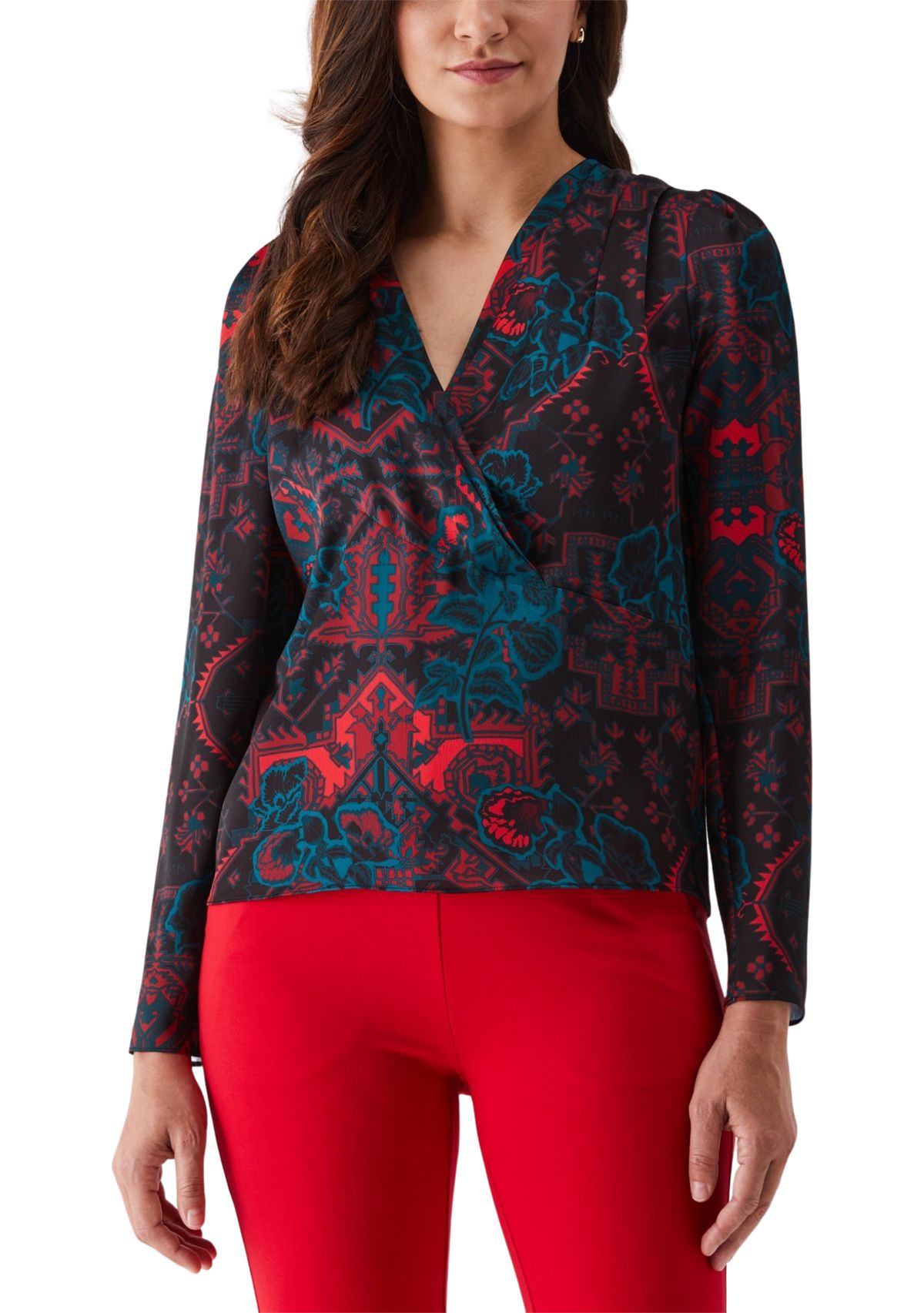 Womens Grand Tapestry Print Cross Front Long Sleeve Blouse