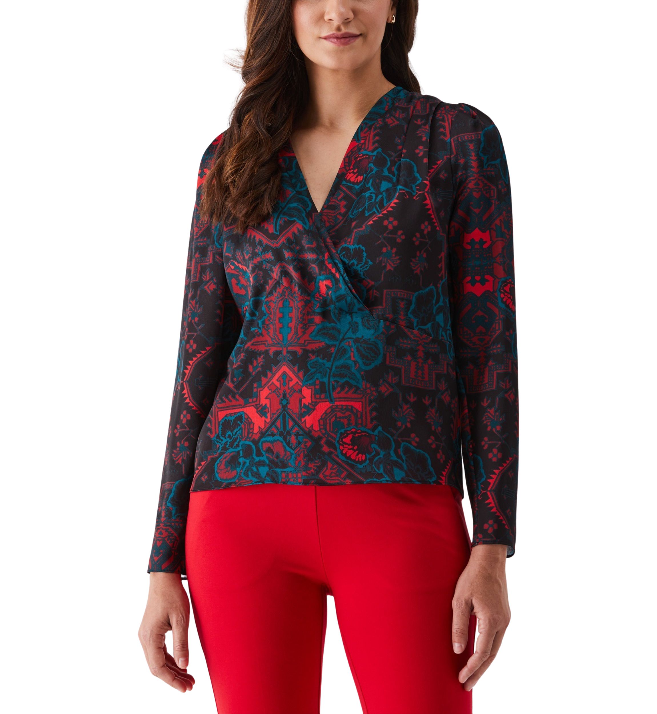 Womens Grand Tapestry Print Cross Front Long Sleeve Blouse