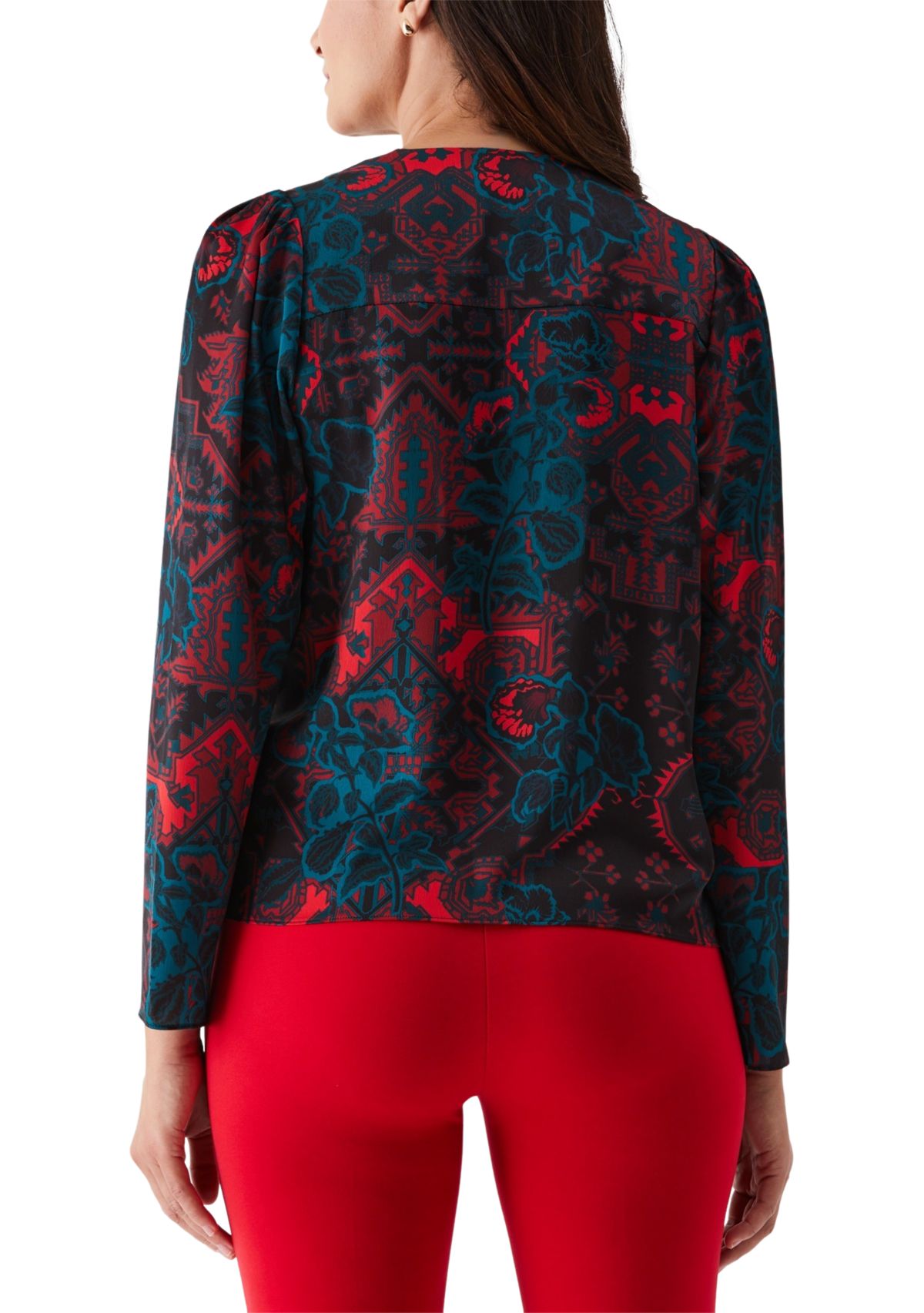 Womens Grand Tapestry Print Cross Front Long Sleeve Blouse