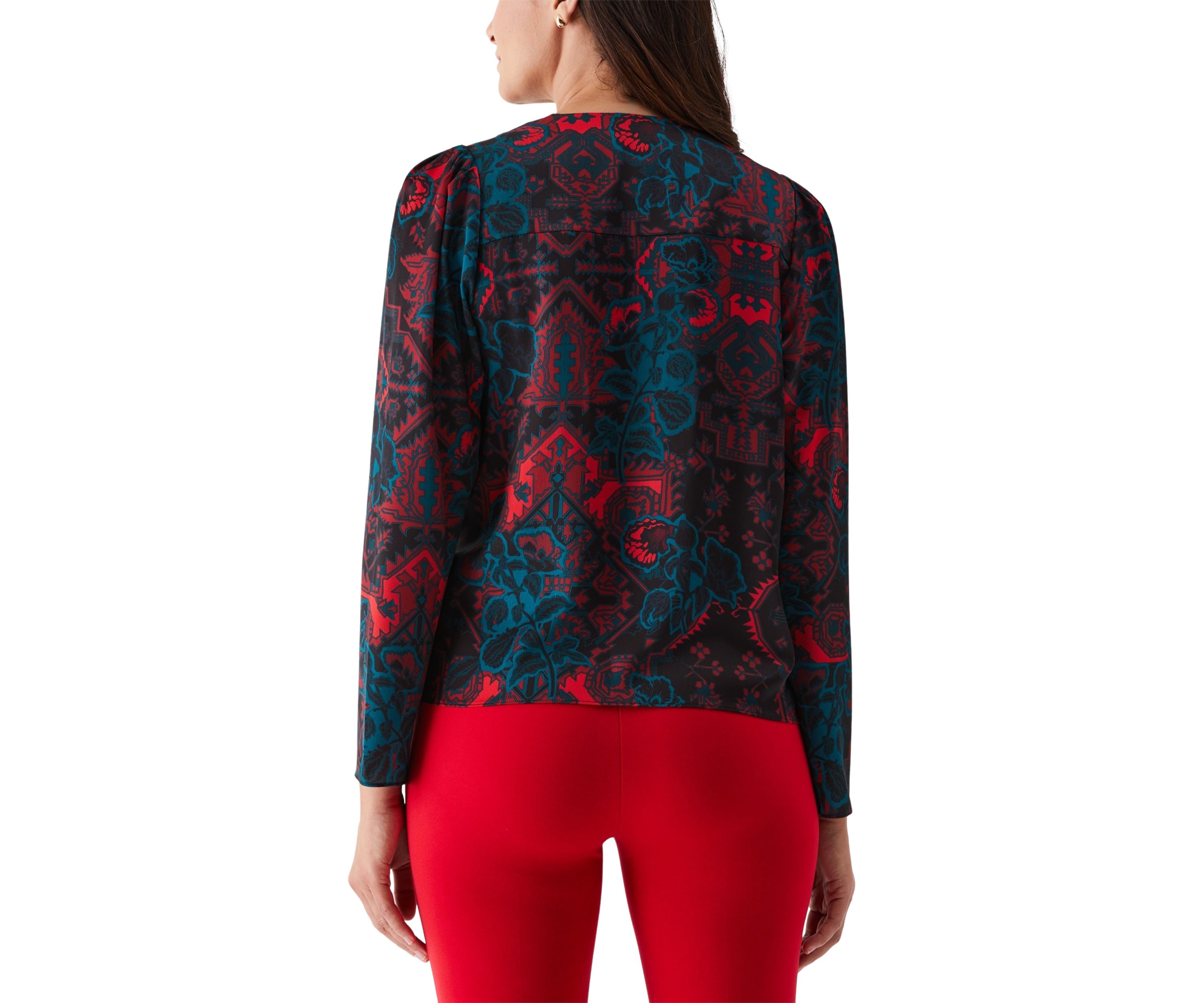 Womens Grand Tapestry Print Cross Front Long Sleeve Blouse