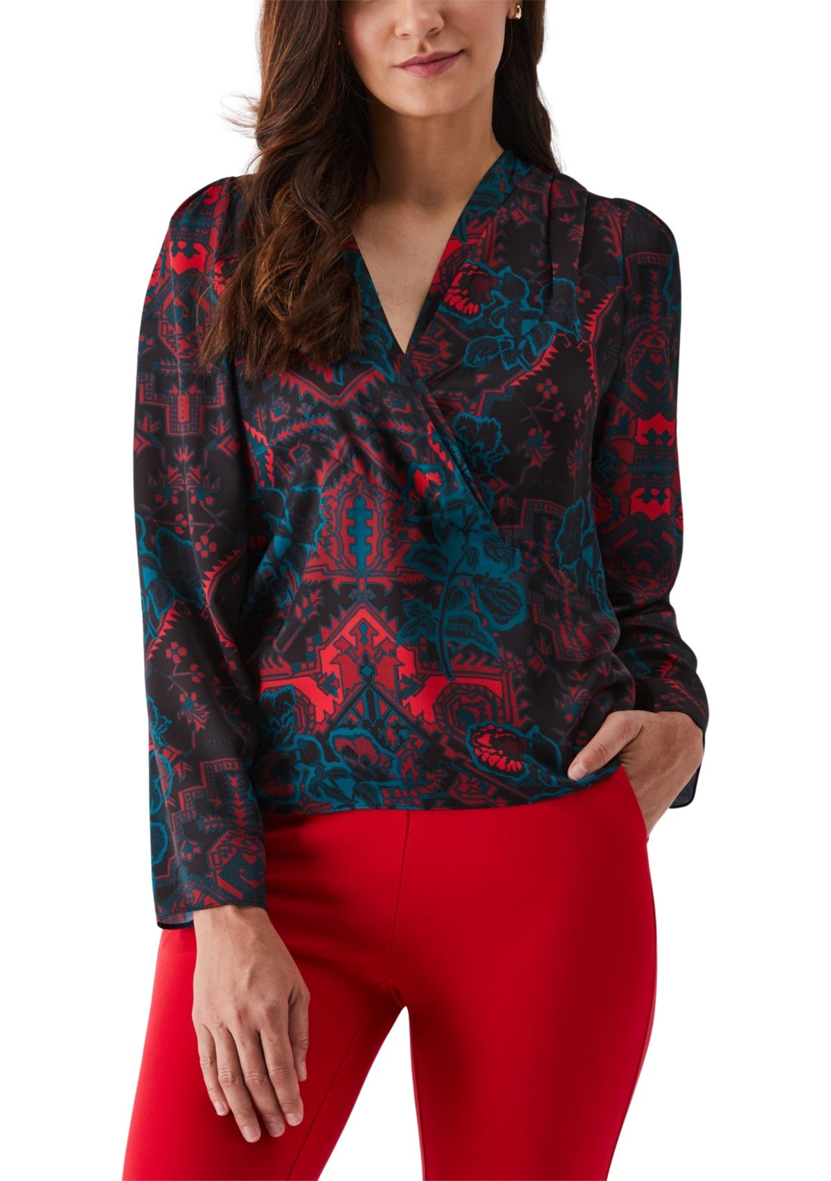 Womens Grand Tapestry Print Cross Front Long Sleeve Blouse