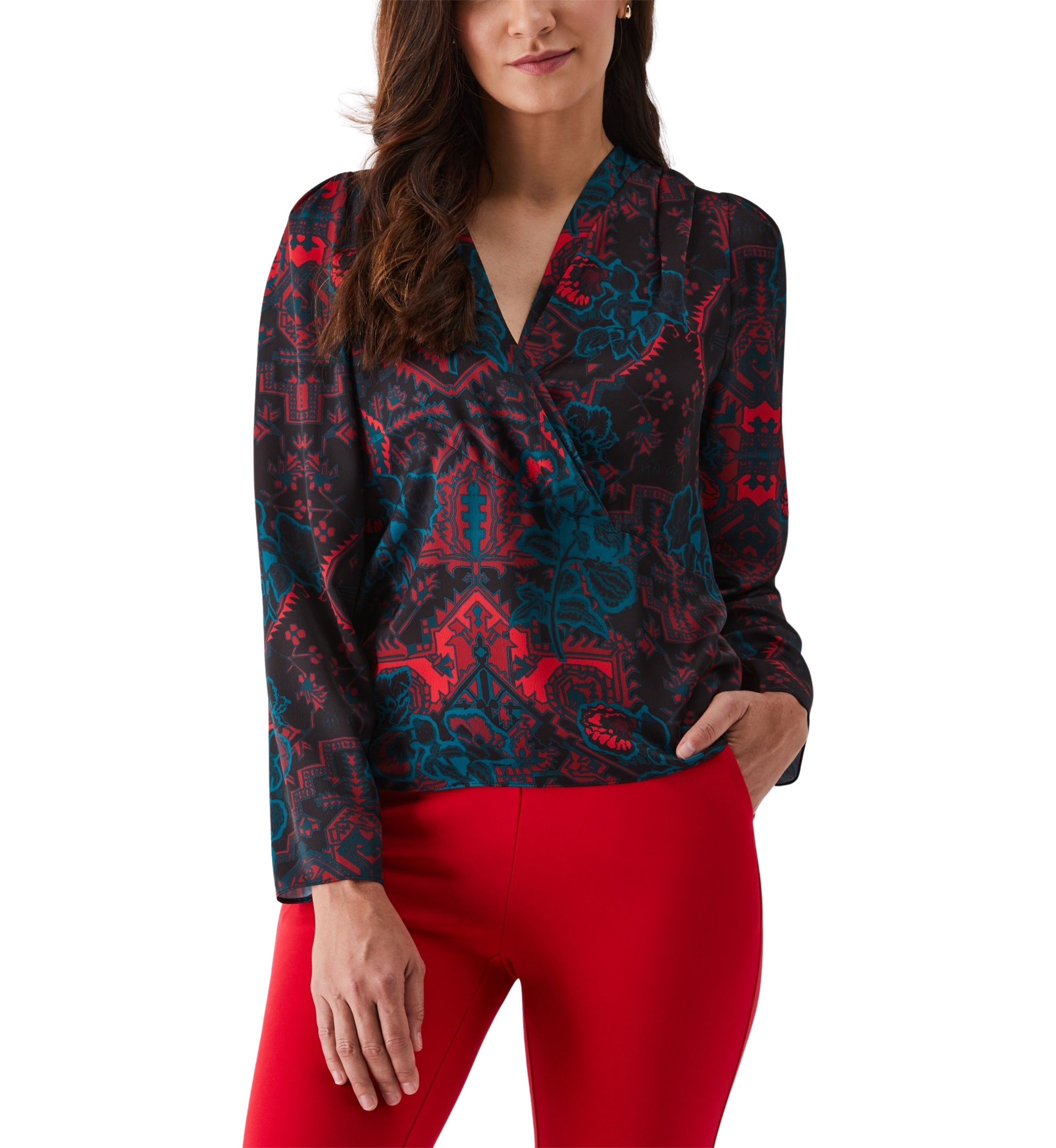 Womens Grand Tapestry Print Cross Front Long Sleeve Blouse