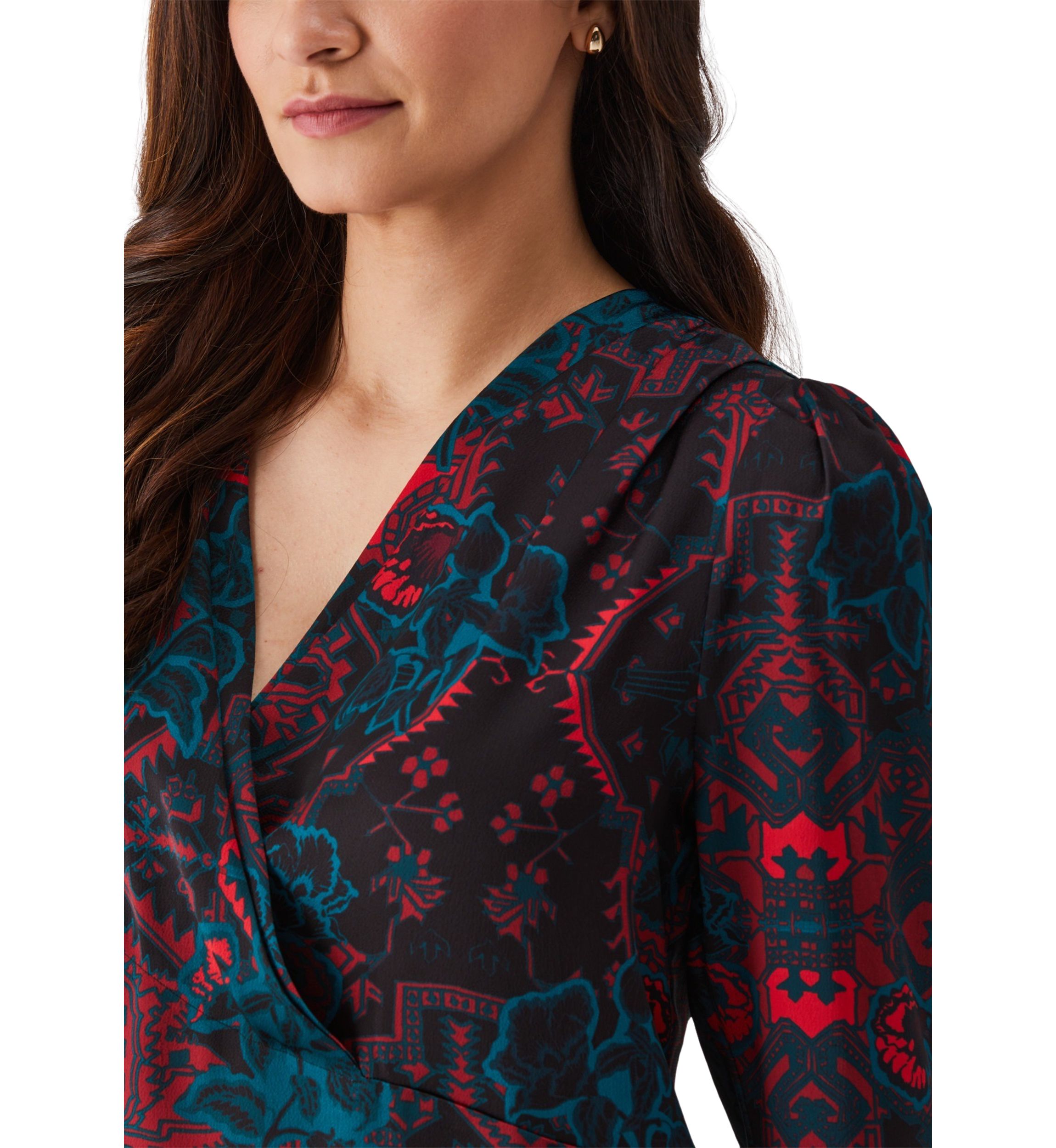 Womens Grand Tapestry Print Cross Front Long Sleeve Blouse