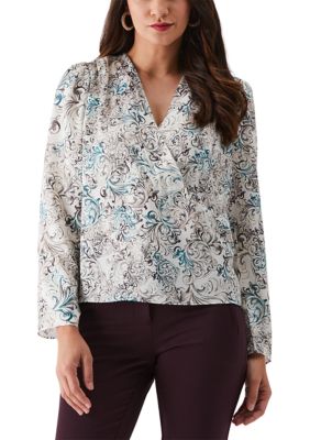 ELLA Rafaella Women's Acanthus Scrolls Print Cross Front Long Sleeve Blouse, White, XL