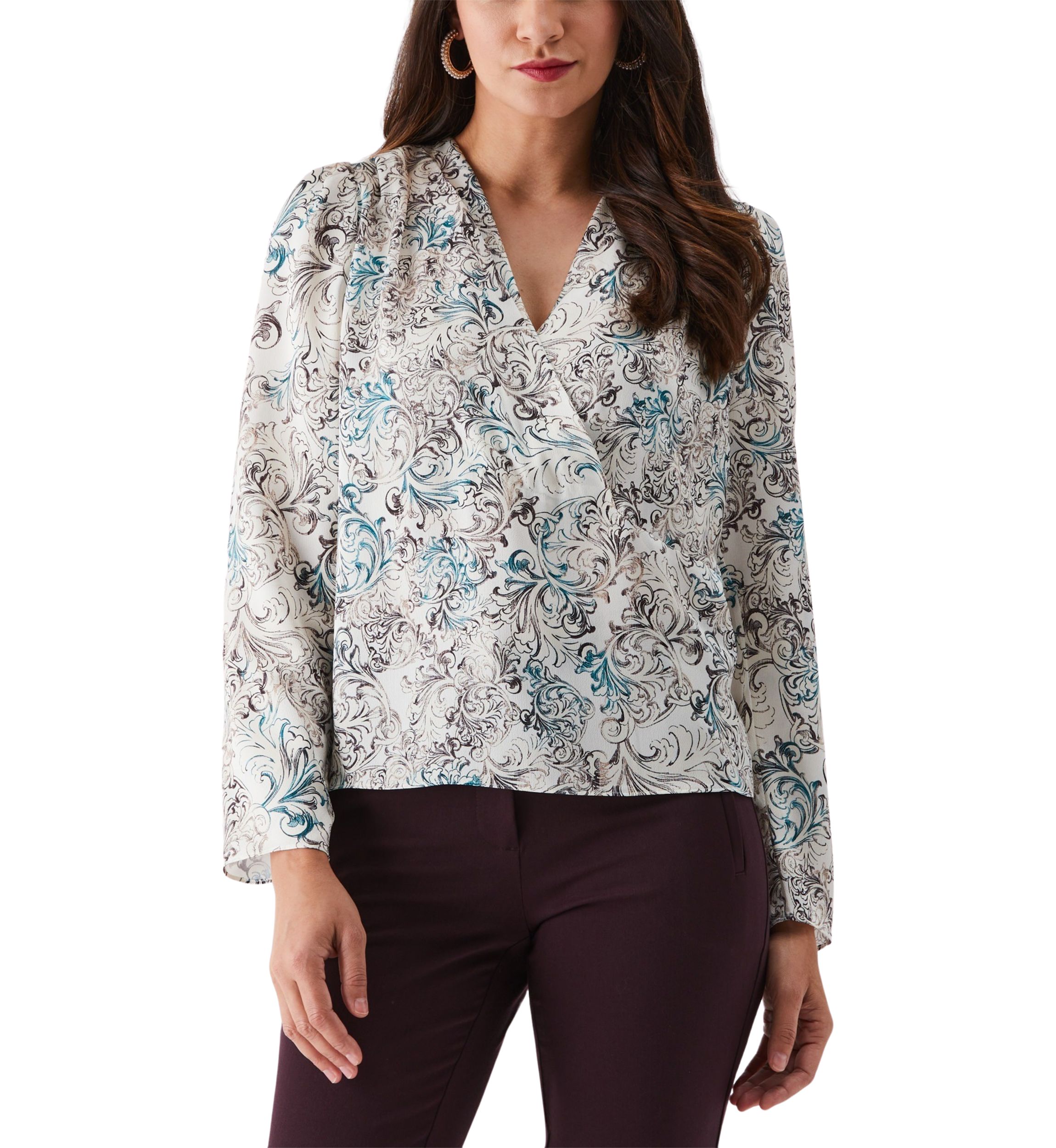 Womens Acanthus Scrolls Print Cross Front Long Sleeve Blouse
