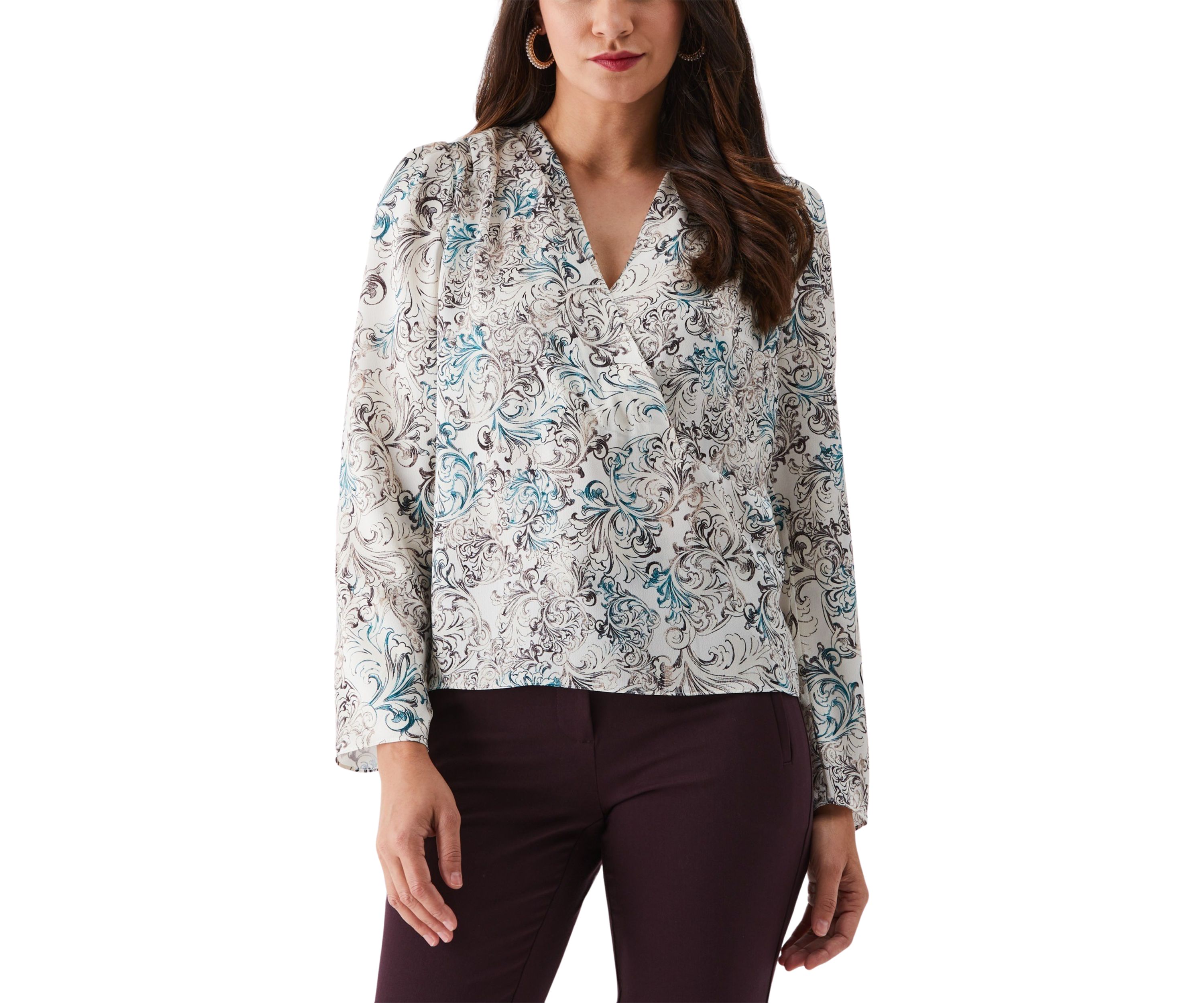 Womens Acanthus Scrolls Print Cross Front Long Sleeve Blouse