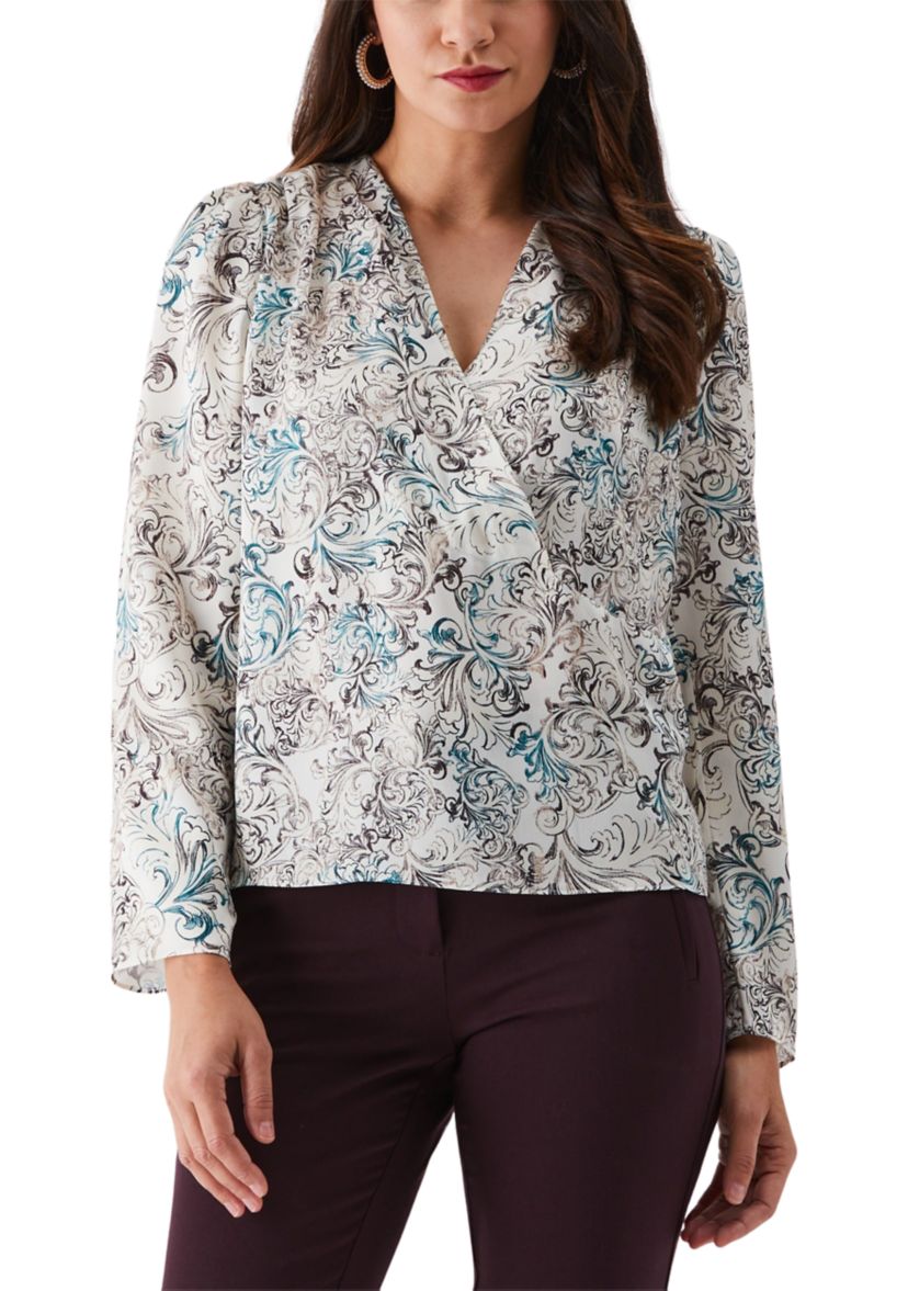 Womens Acanthus Scrolls Print Cross Front Long Sleeve Blouse