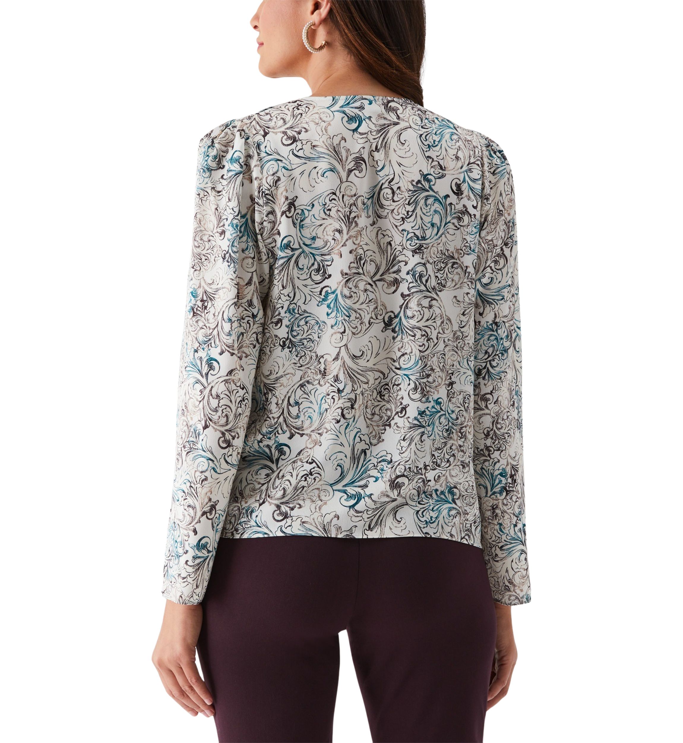Womens Acanthus Scrolls Print Cross Front Long Sleeve Blouse