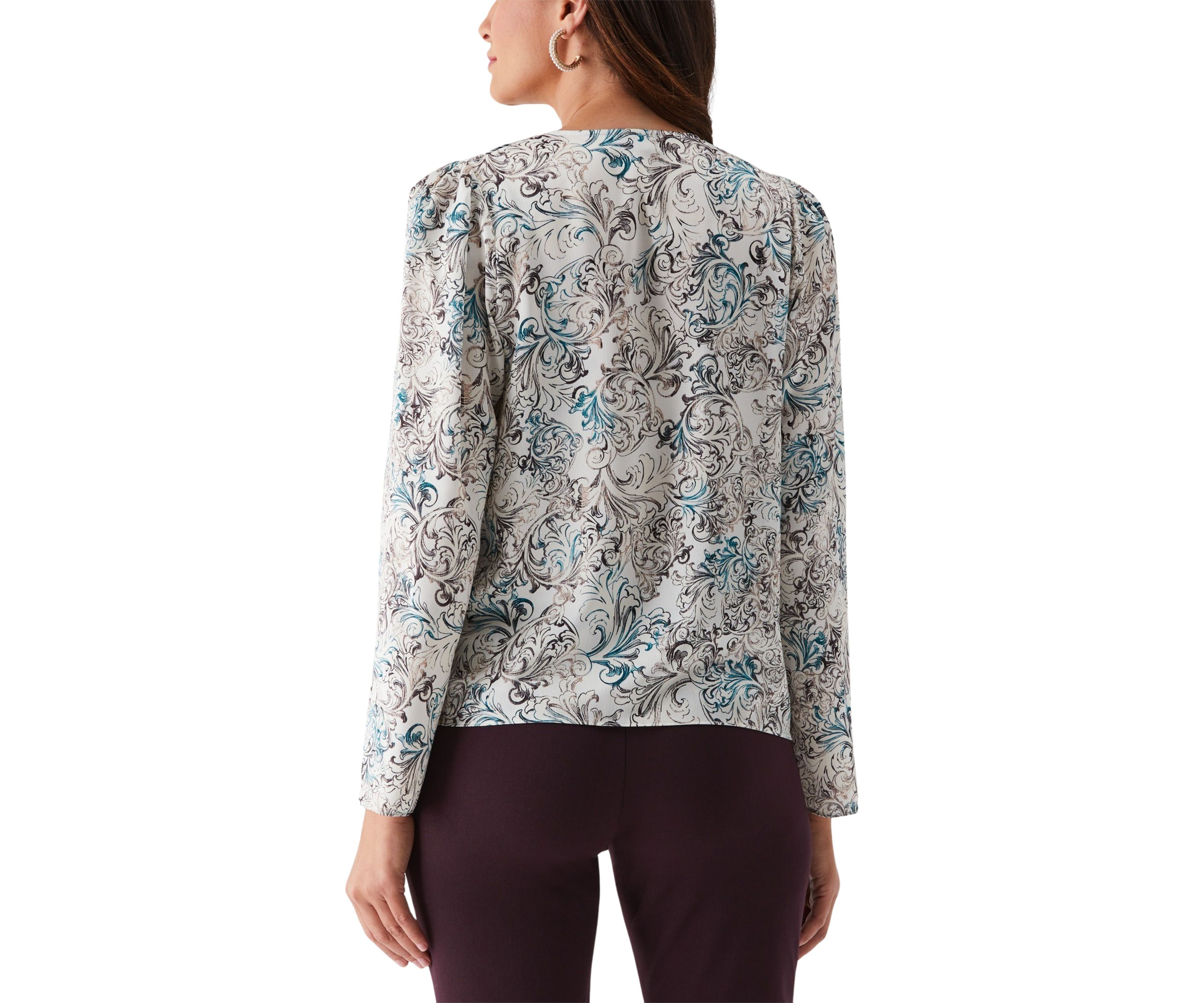 Womens Acanthus Scrolls Print Cross Front Long Sleeve Blouse