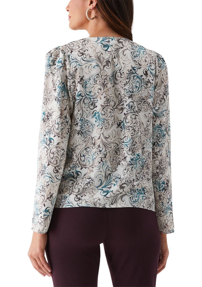 Womens Acanthus Scrolls Print Cross Front Long Sleeve Blouse