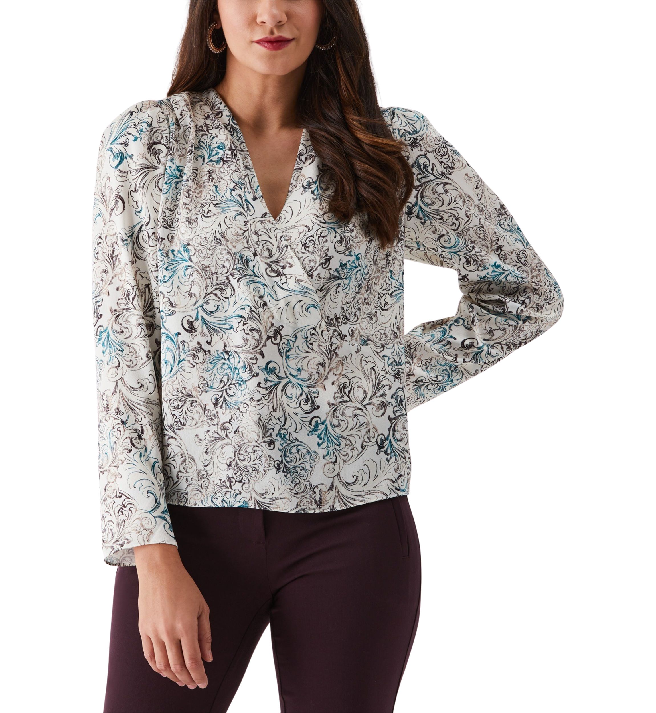 Womens Acanthus Scrolls Print Cross Front Long Sleeve Blouse