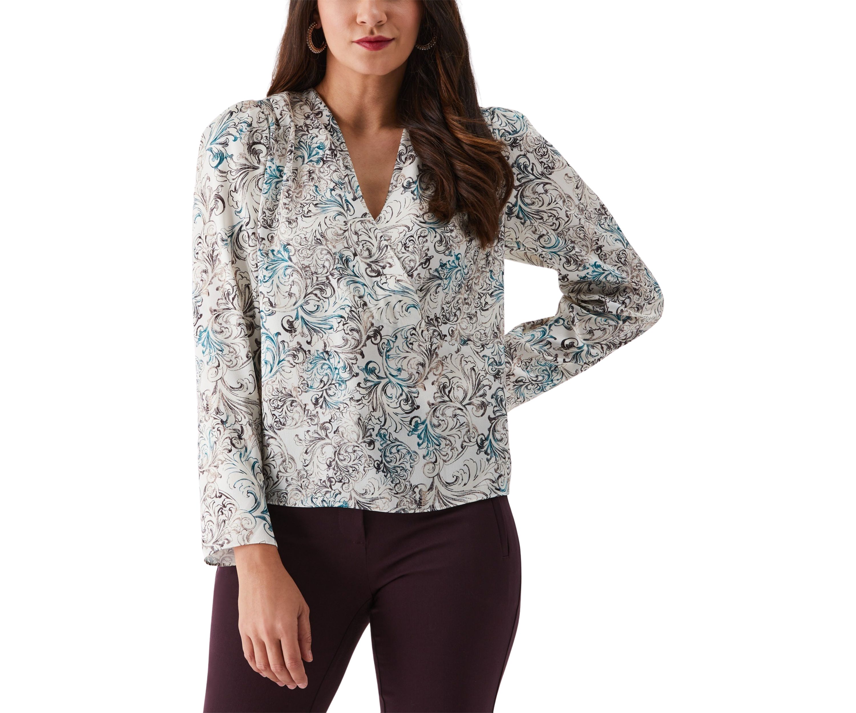 Womens Acanthus Scrolls Print Cross Front Long Sleeve Blouse