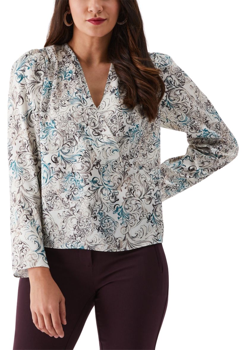 Womens Acanthus Scrolls Print Cross Front Long Sleeve Blouse