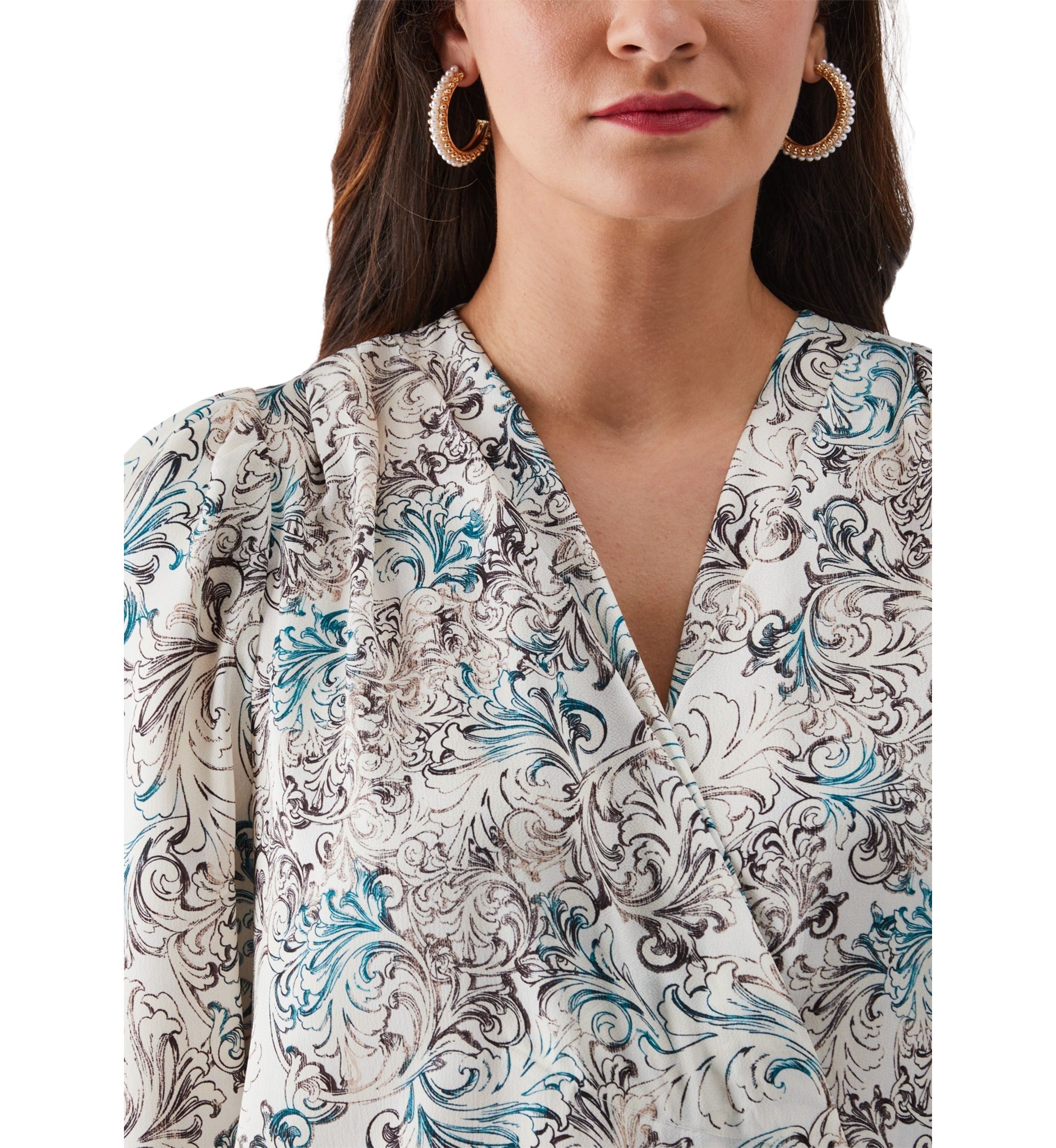 Womens Acanthus Scrolls Print Cross Front Long Sleeve Blouse