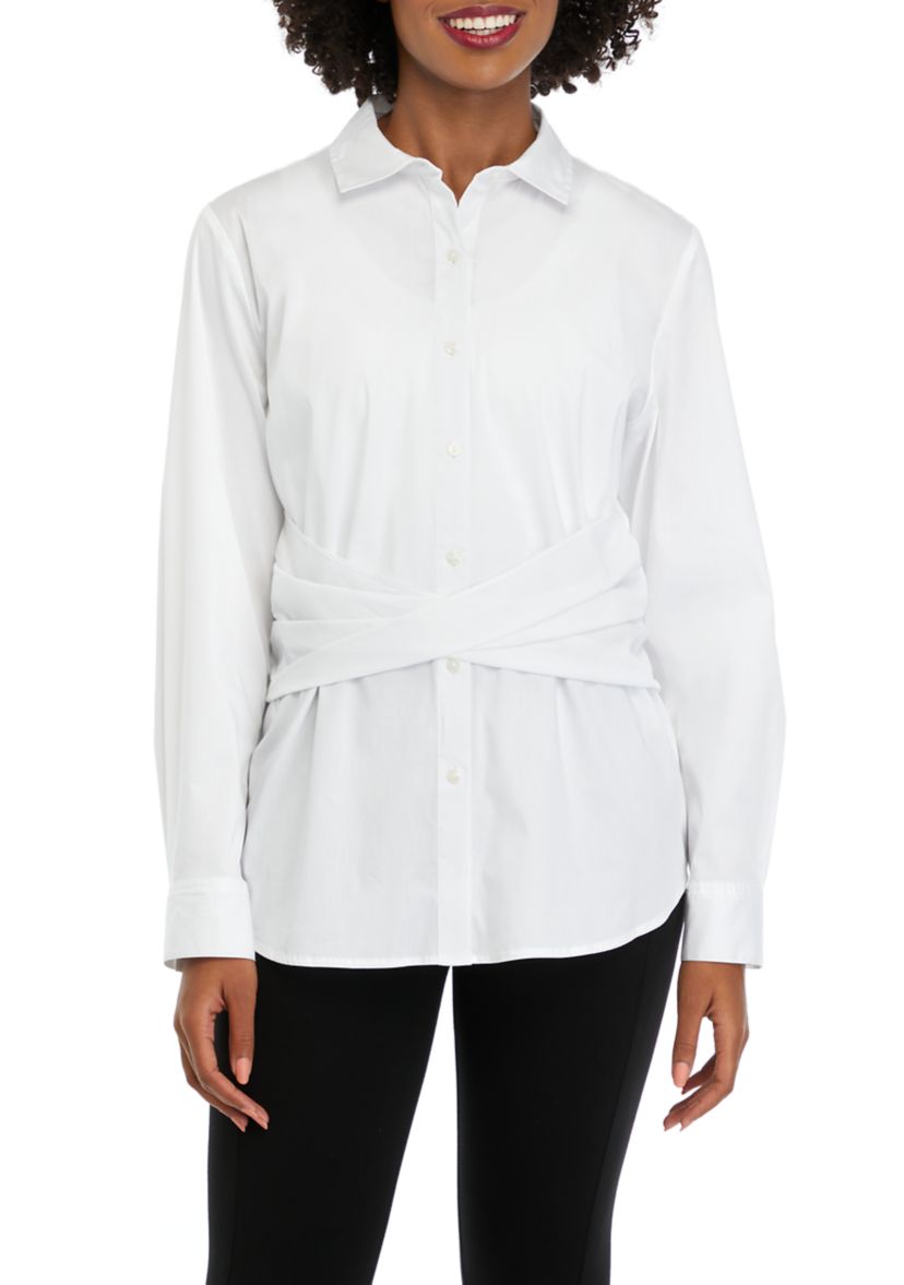 Womens Twist Wrap Popover Long Sleeve Blouse