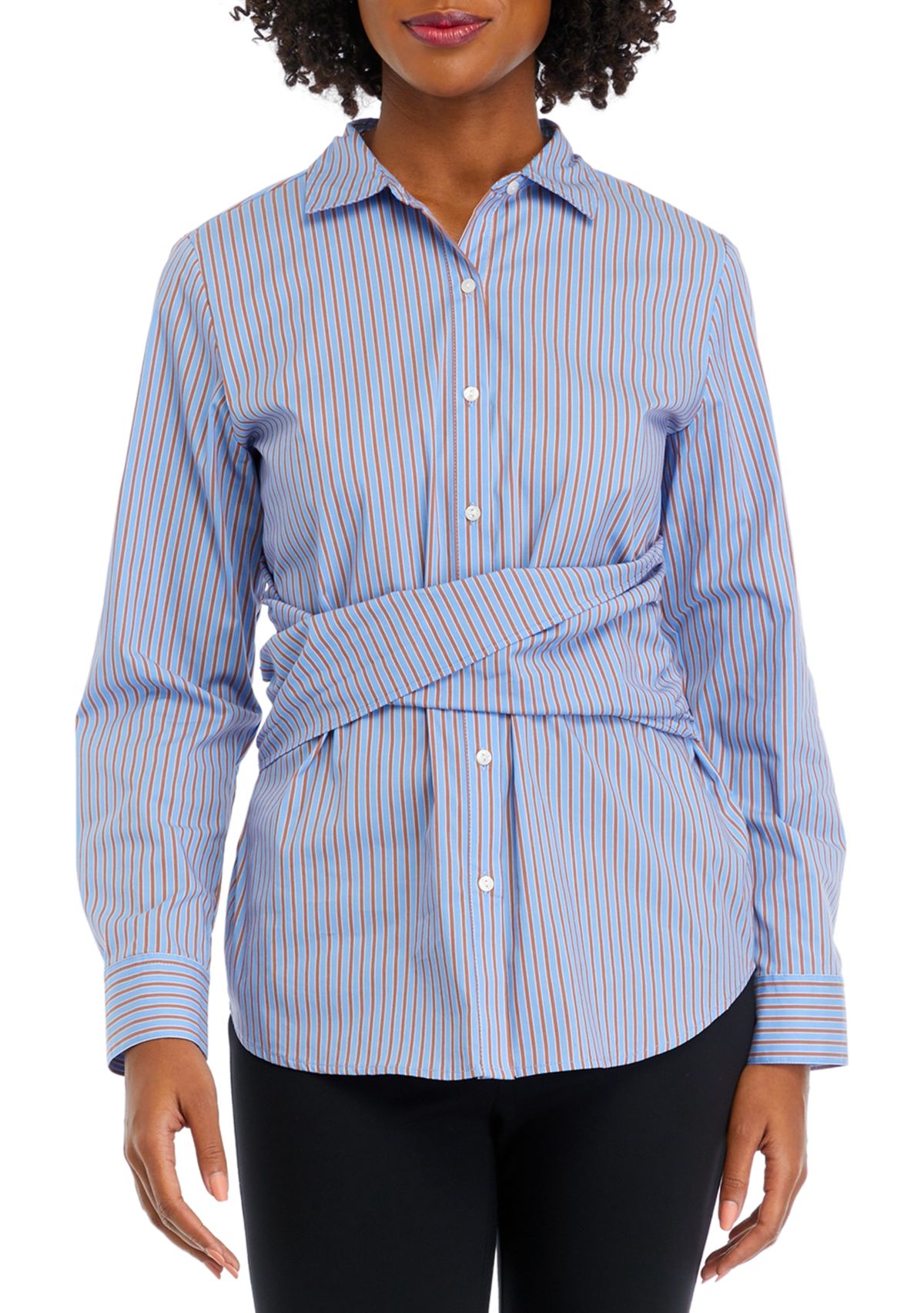 Womens Striped Twist Wrap Popover Long Sleeve Blouse