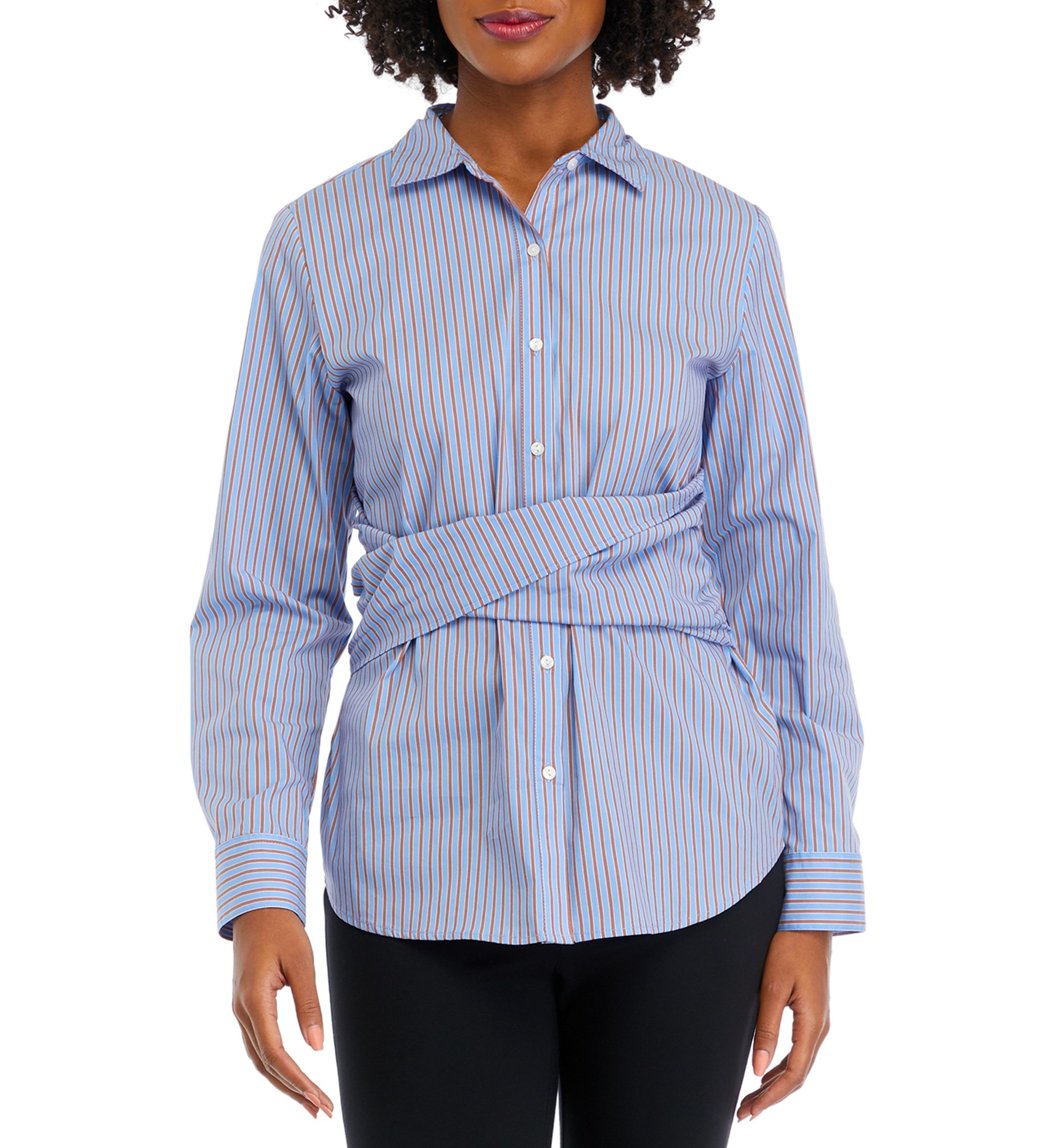 Womens Striped Twist Wrap Popover Long Sleeve Blouse
