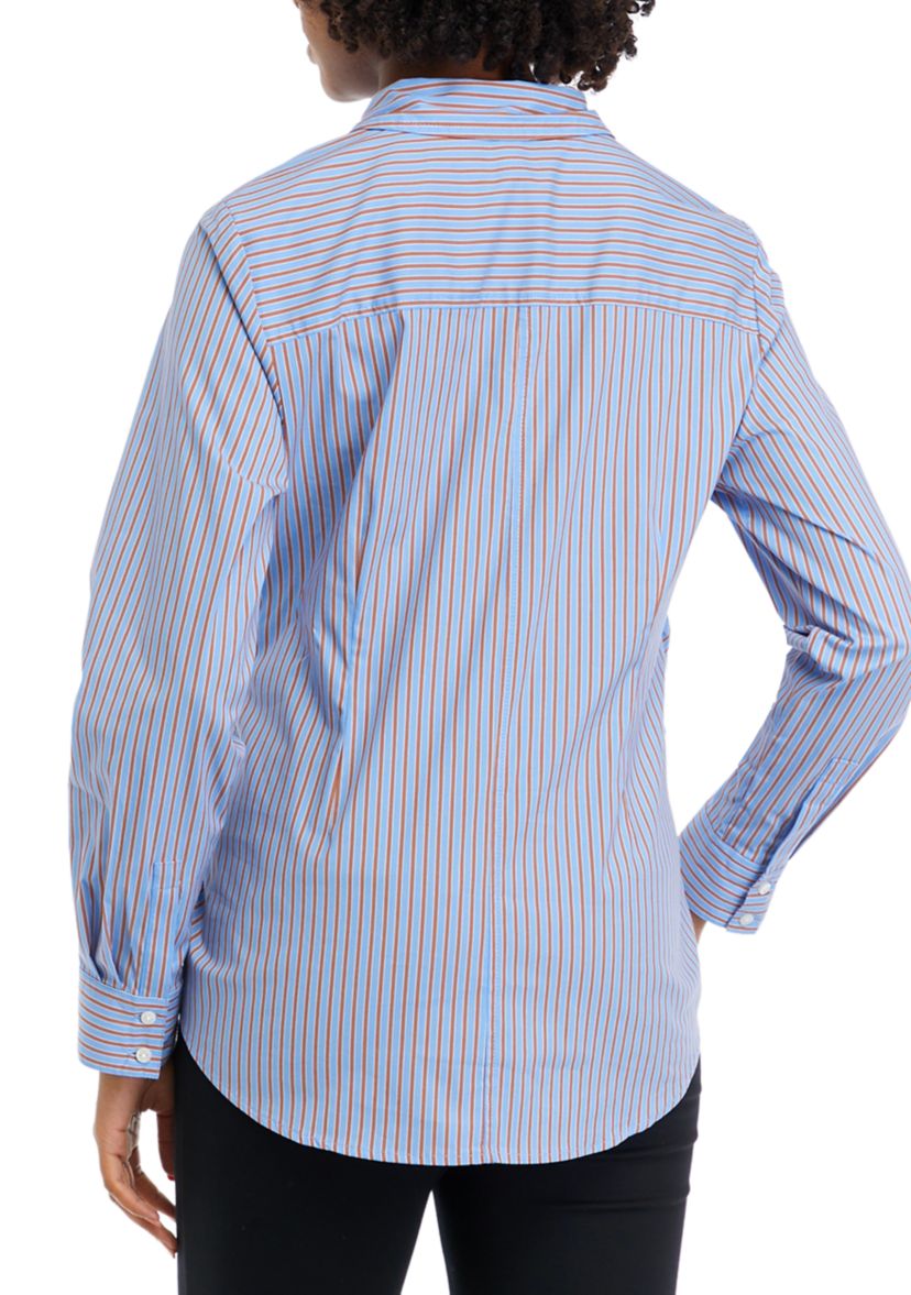 Womens Striped Twist Wrap Popover Long Sleeve Blouse