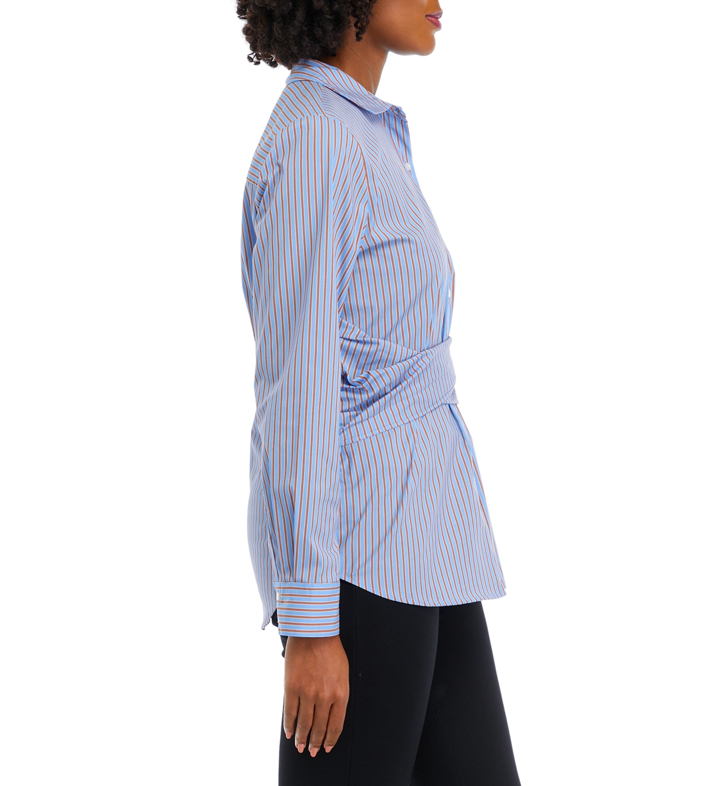 Womens Striped Twist Wrap Popover Long Sleeve Blouse