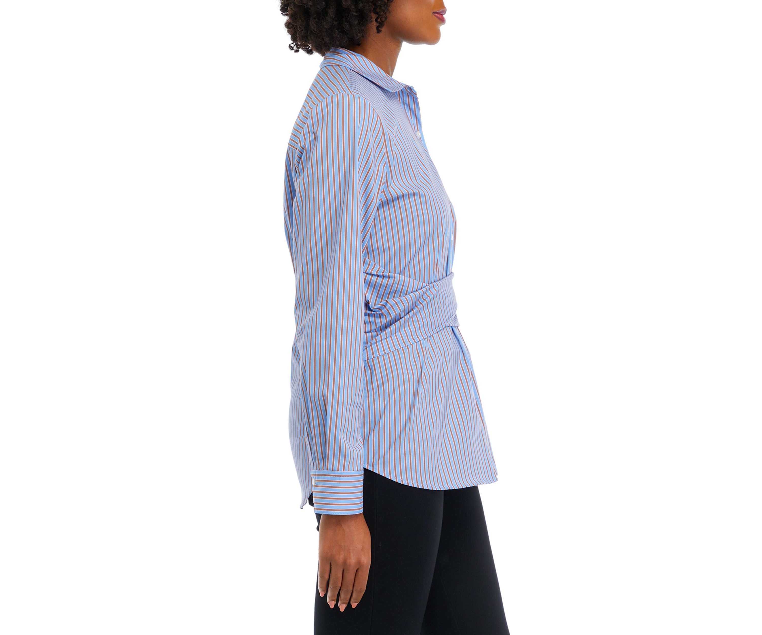Womens Striped Twist Wrap Popover Long Sleeve Blouse