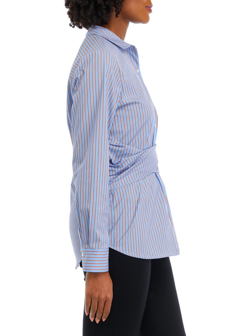Womens Striped Twist Wrap Popover Long Sleeve Blouse