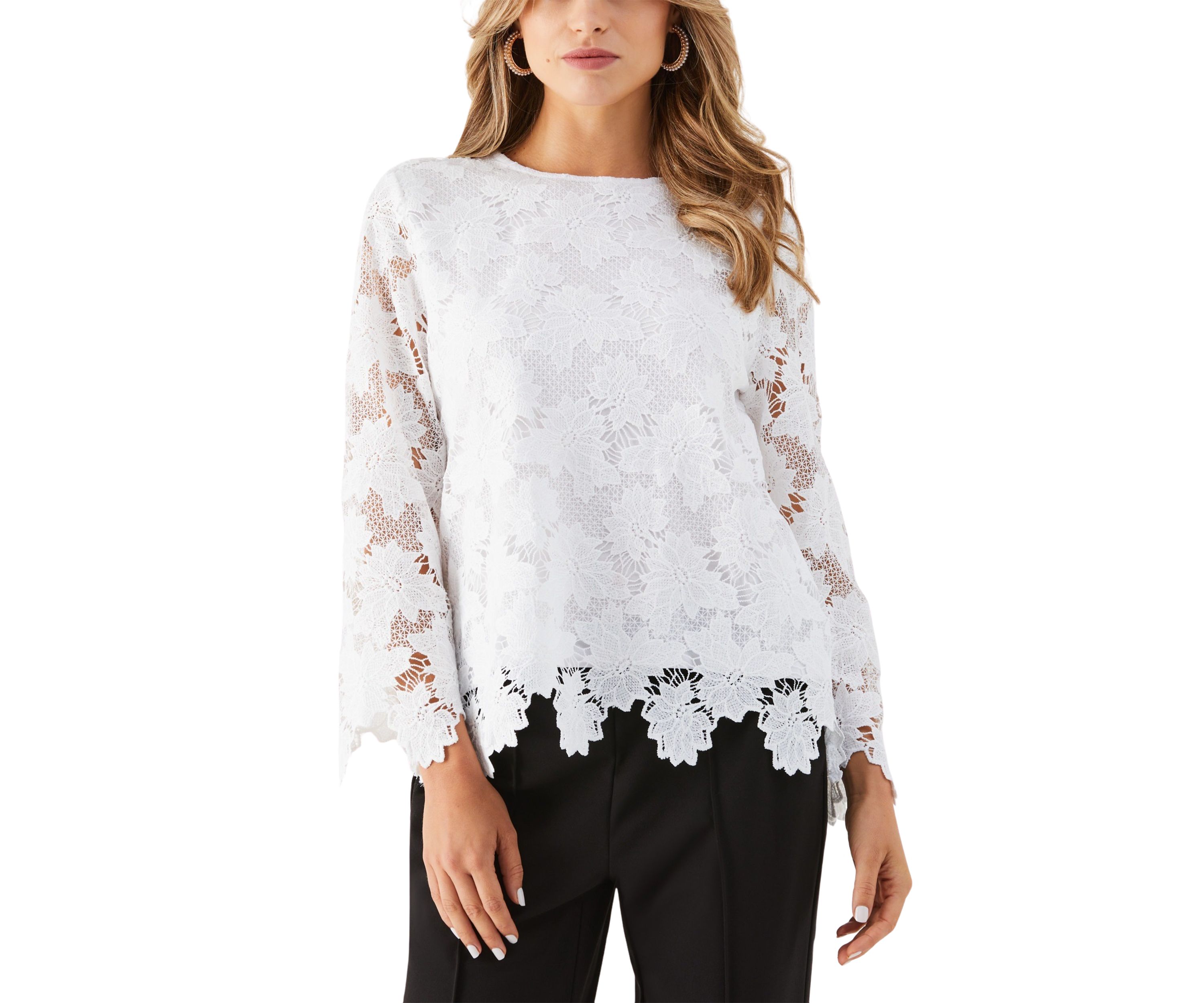 Womens Scalloped Lace Long Sleeve Blouse