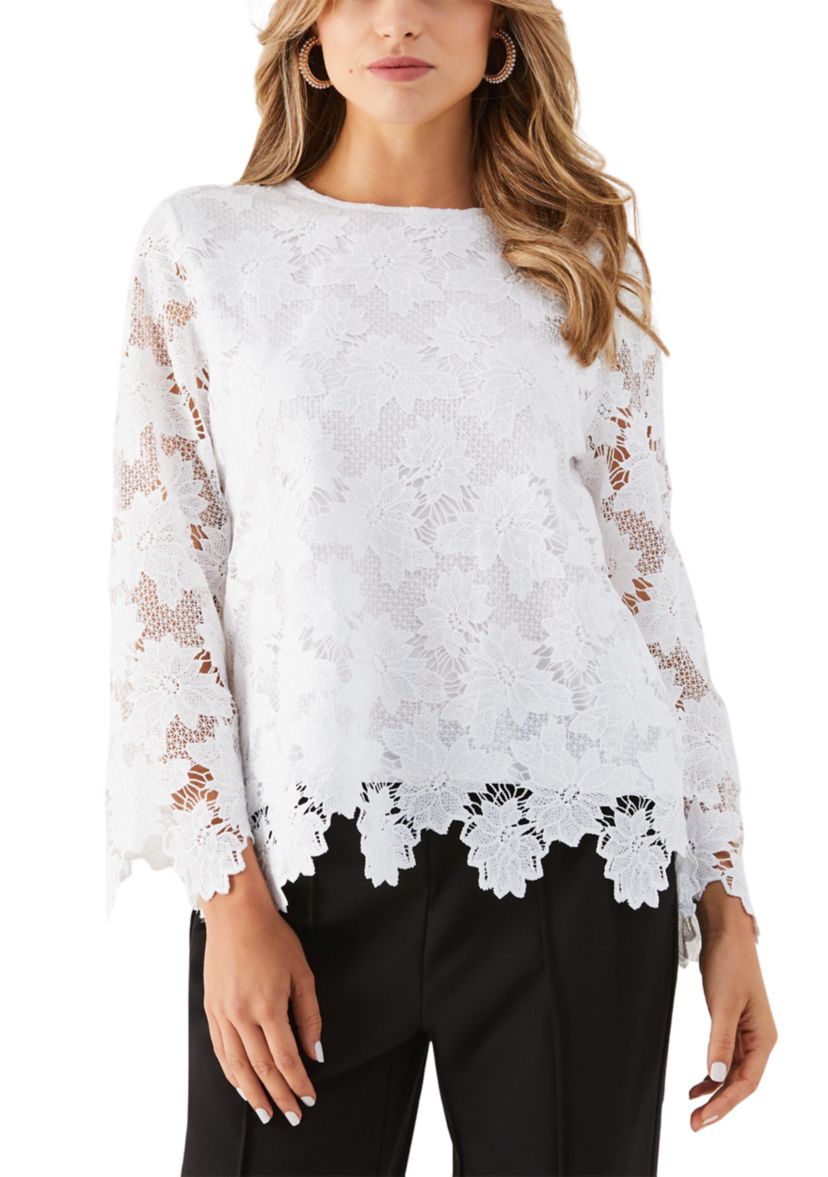 Womens Scalloped Lace Long Sleeve Blouse
