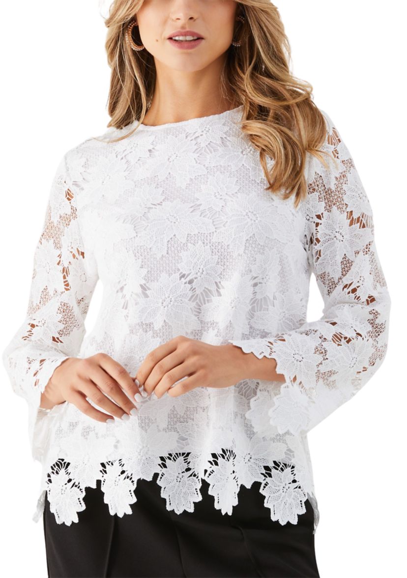 Womens Scalloped Lace Long Sleeve Blouse