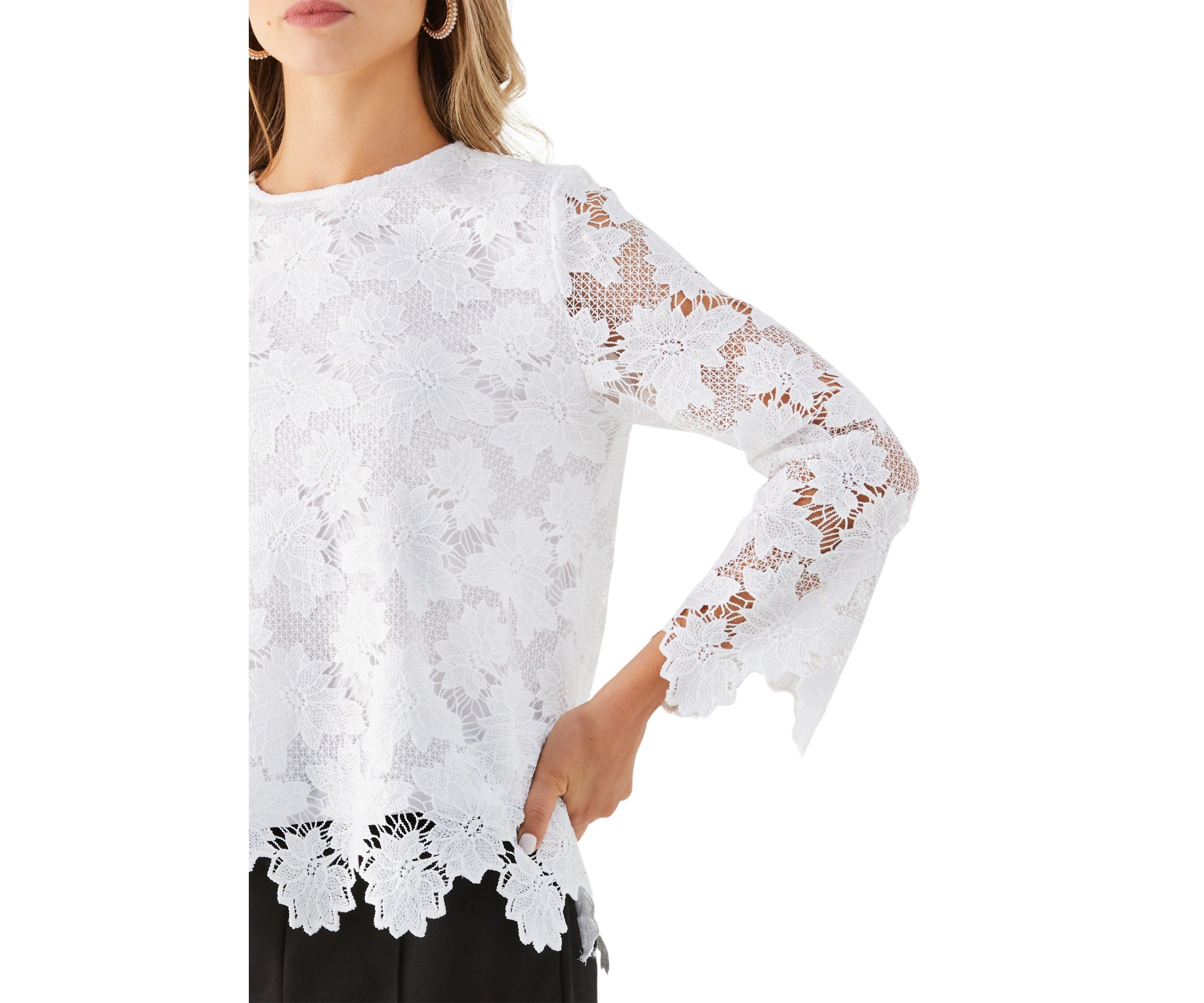 Womens Scalloped Lace Long Sleeve Blouse