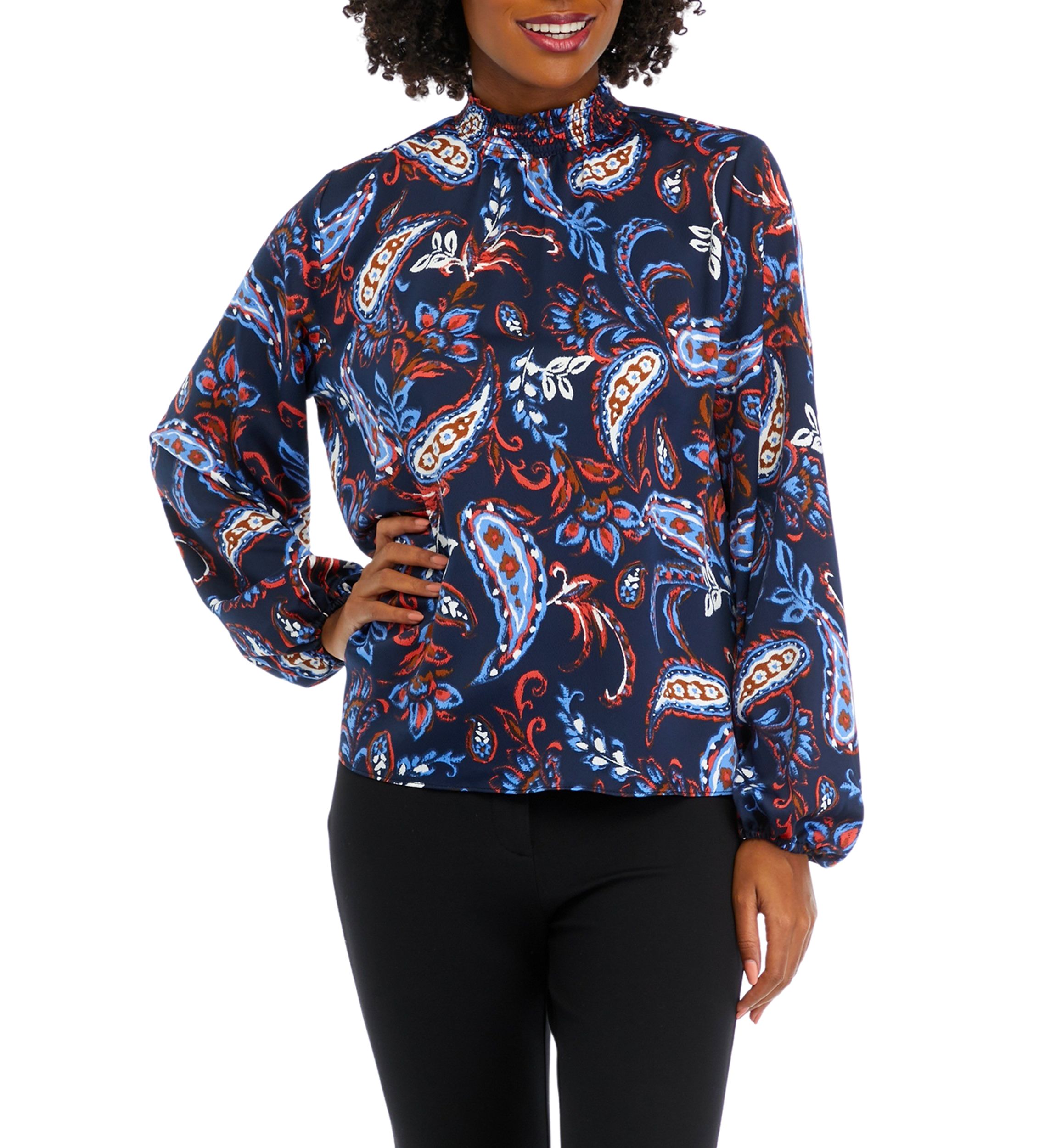 Womens Paisley Print Smocked Neck Long Sleeve Blouse