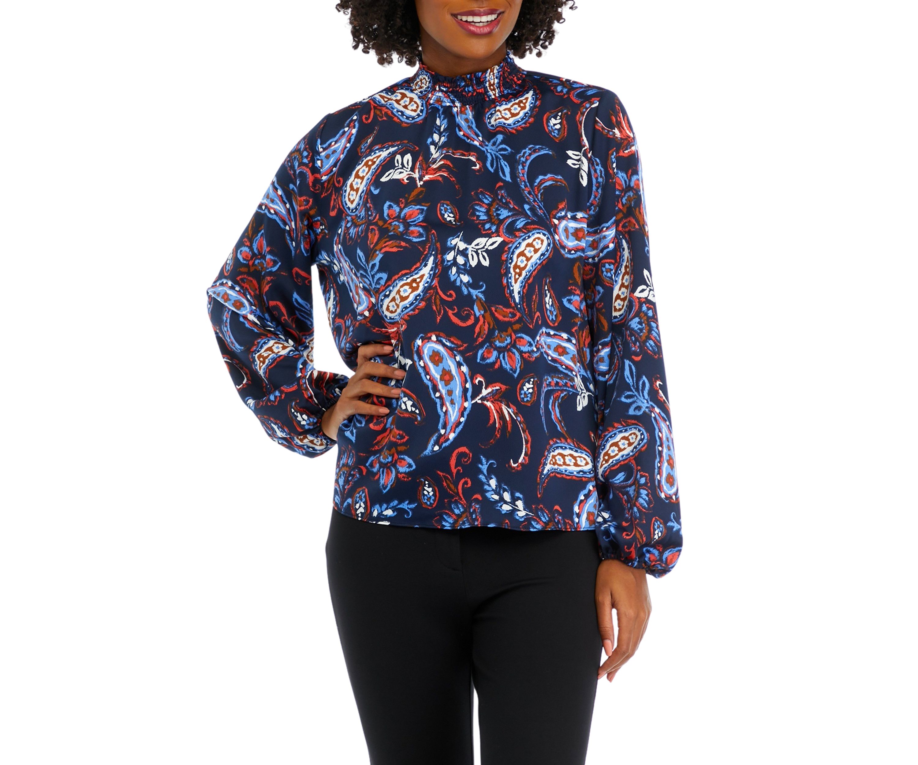 Womens Paisley Print Smocked Neck Long Sleeve Blouse