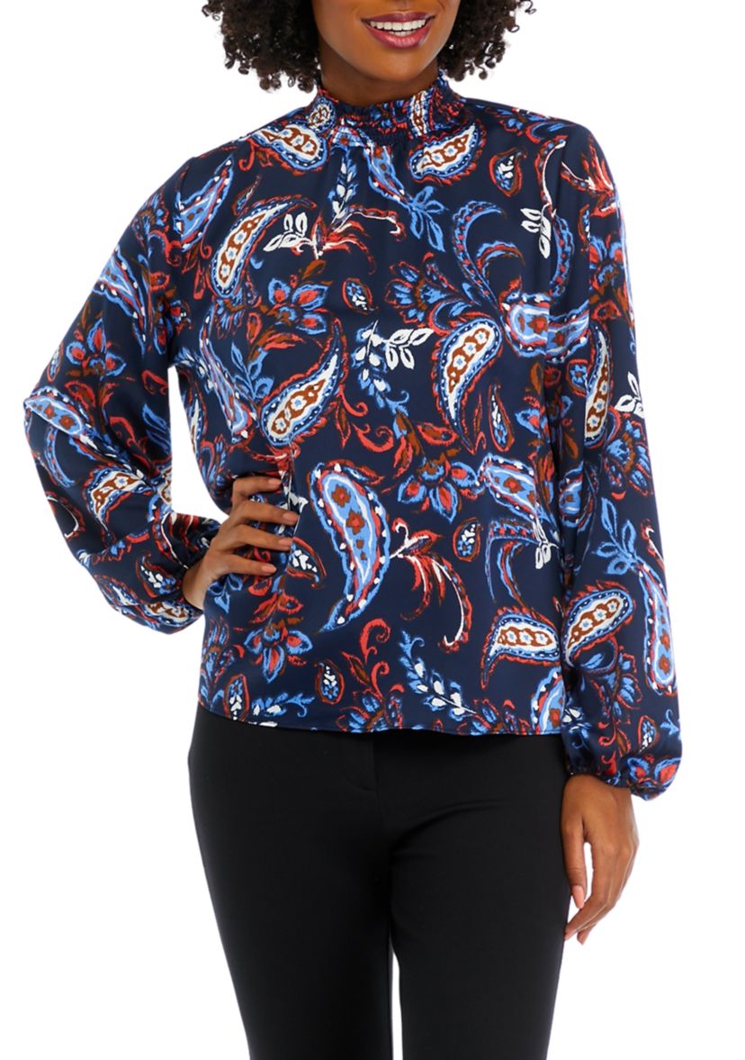 Womens Paisley Print Smocked Neck Long Sleeve Blouse