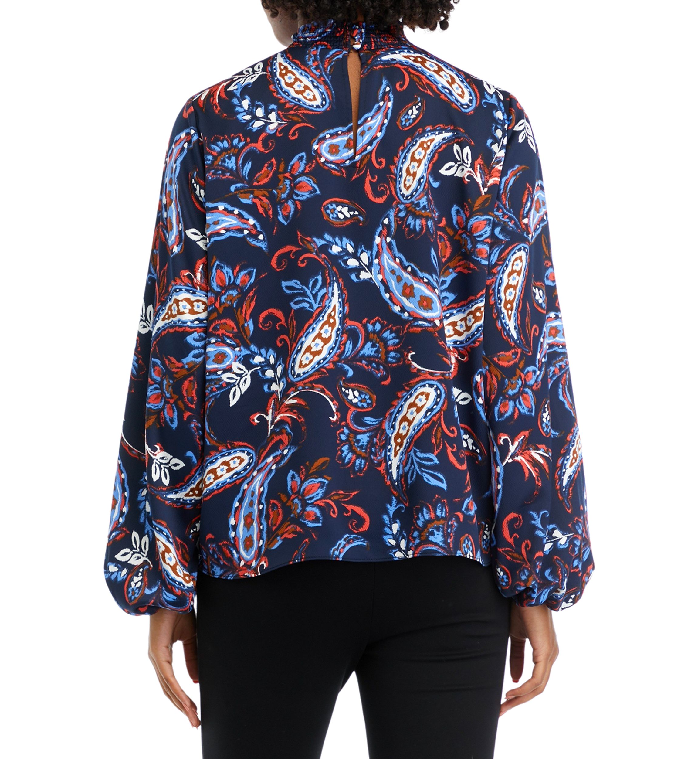 Womens Paisley Print Smocked Neck Long Sleeve Blouse