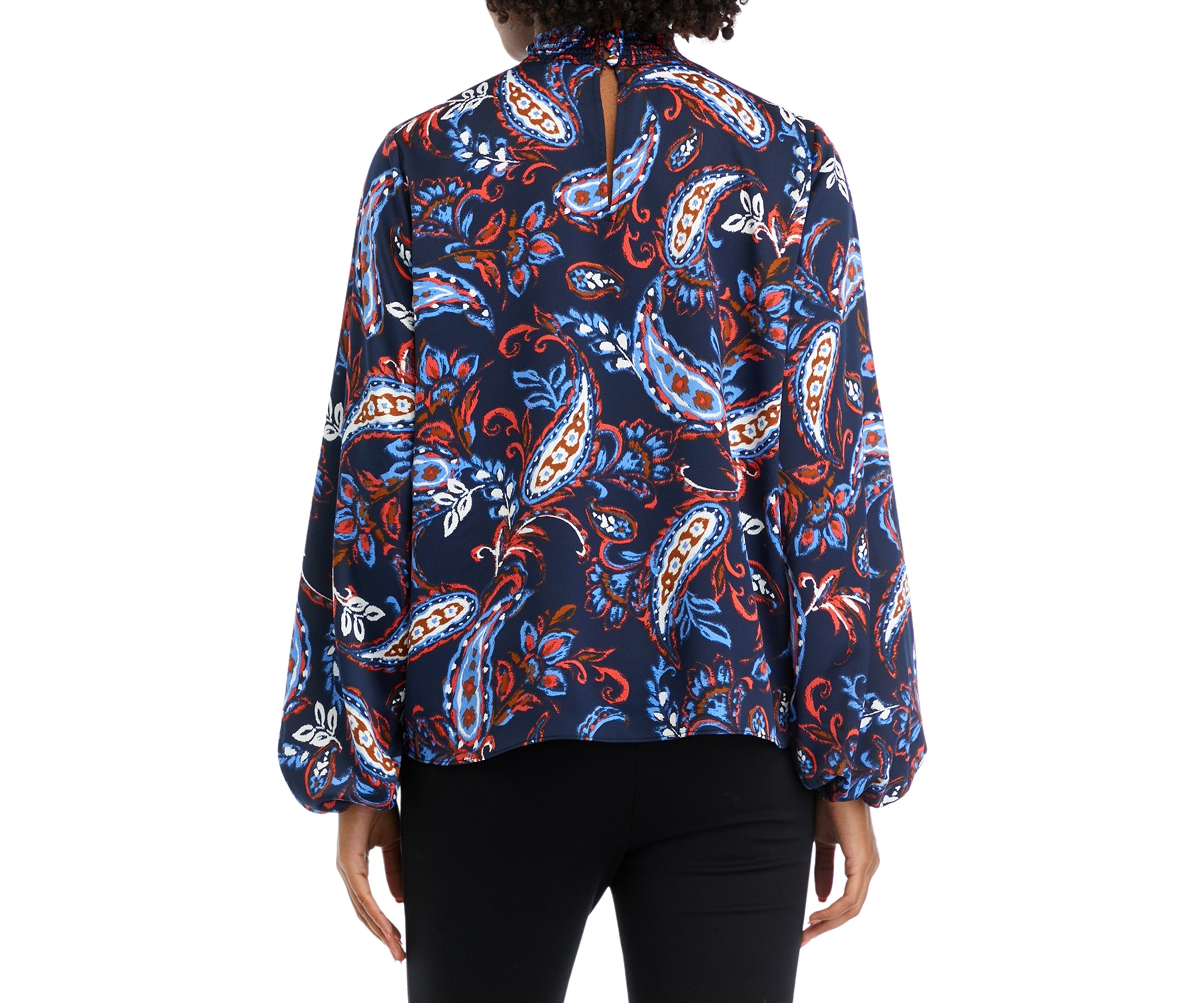 Womens Paisley Print Smocked Neck Long Sleeve Blouse
