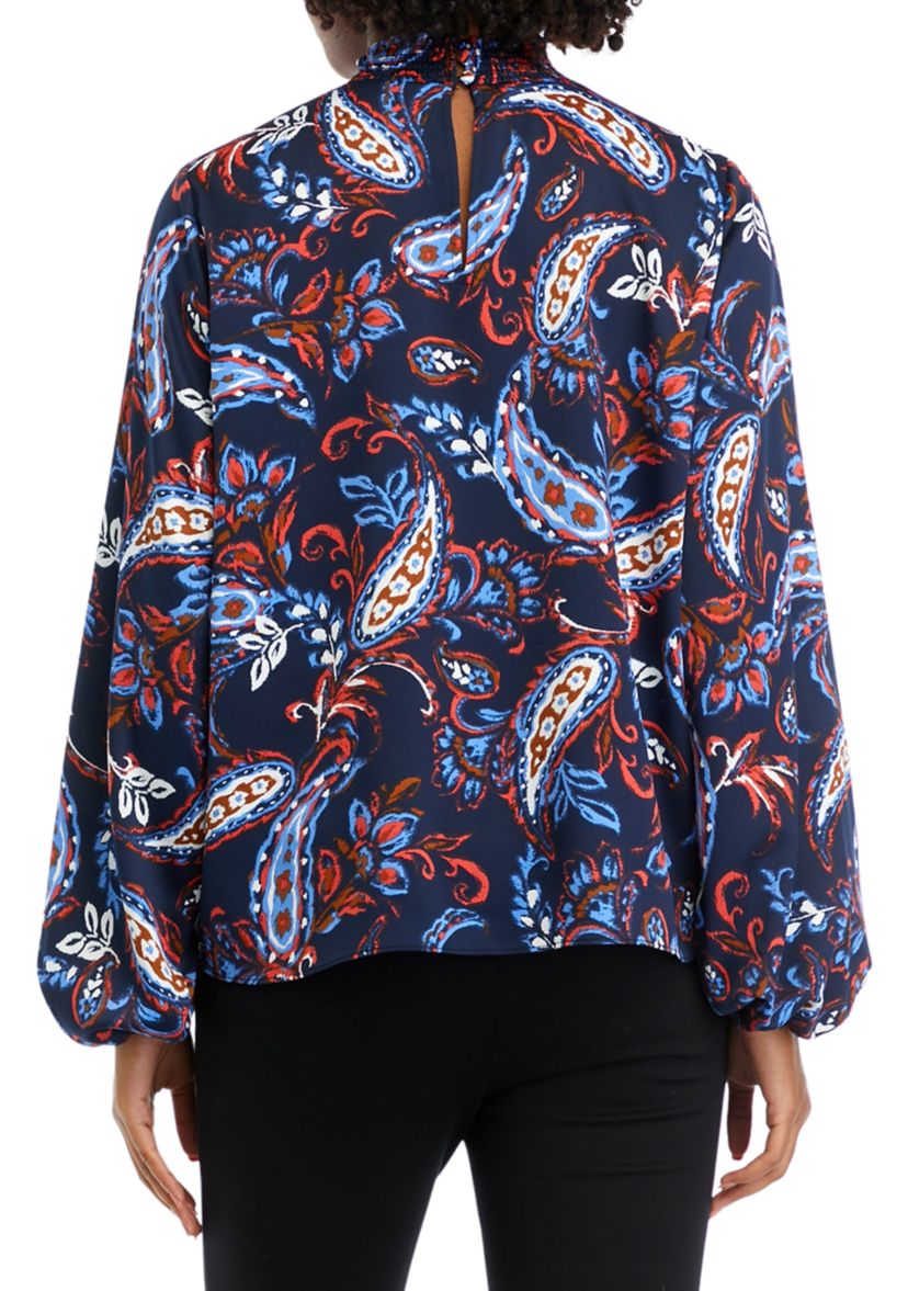 Womens Paisley Print Smocked Neck Long Sleeve Blouse