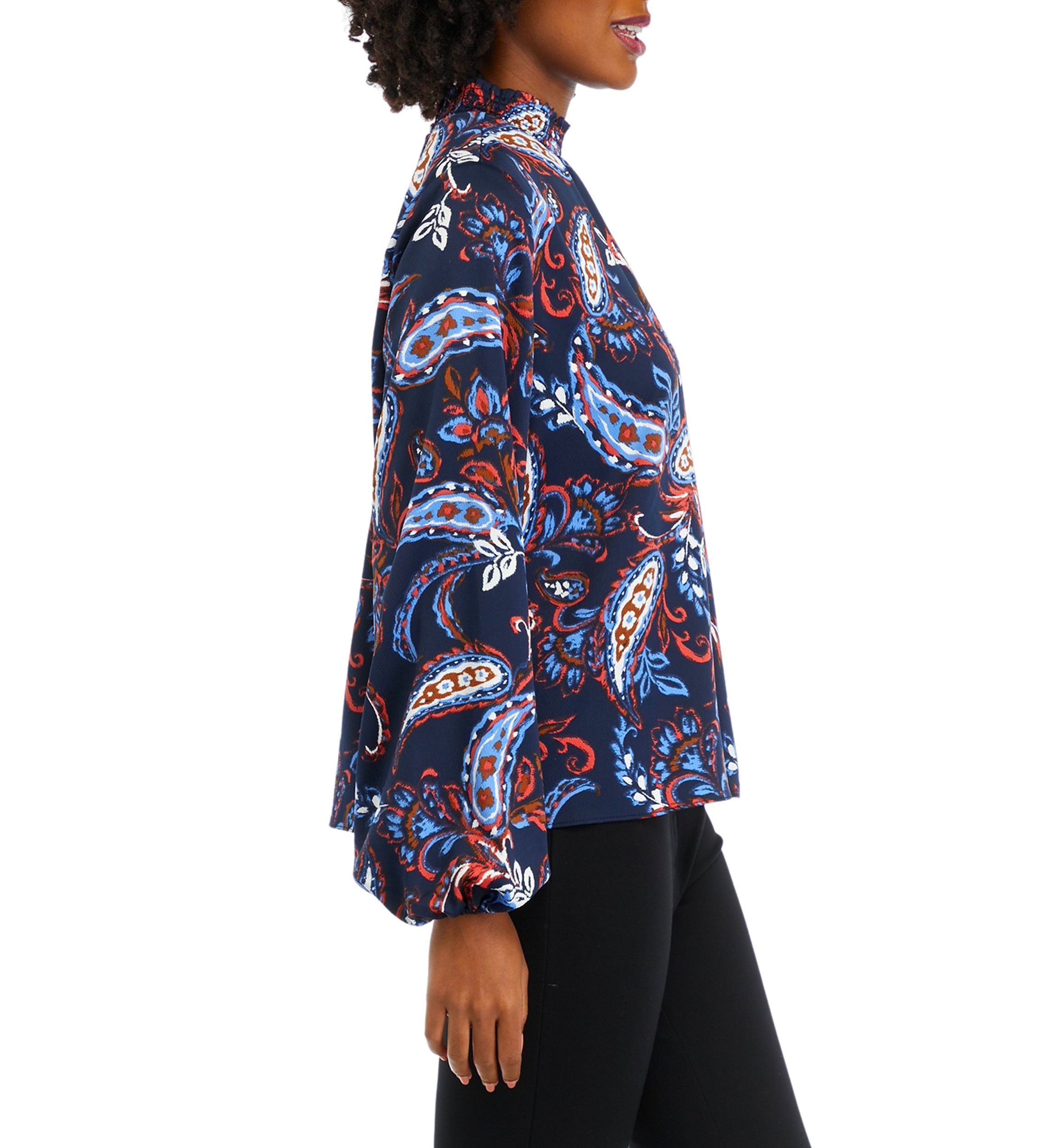 Womens Paisley Print Smocked Neck Long Sleeve Blouse