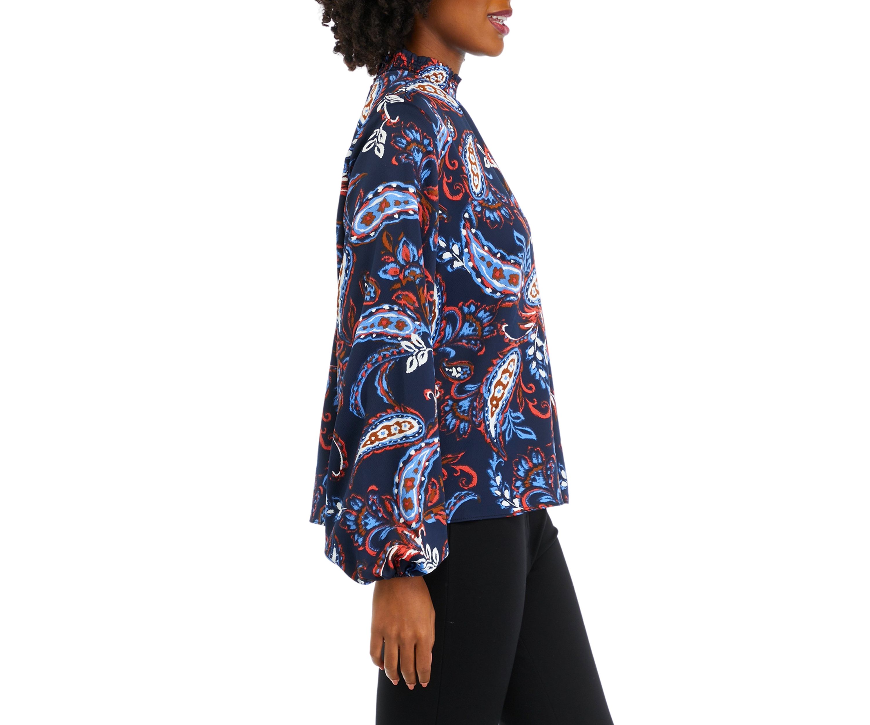 Womens Paisley Print Smocked Neck Long Sleeve Blouse