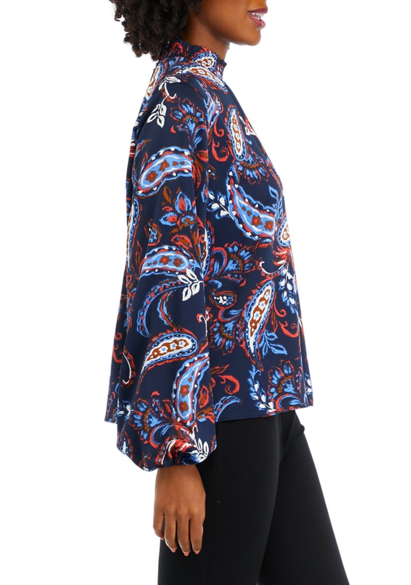 Womens Paisley Print Smocked Neck Long Sleeve Blouse