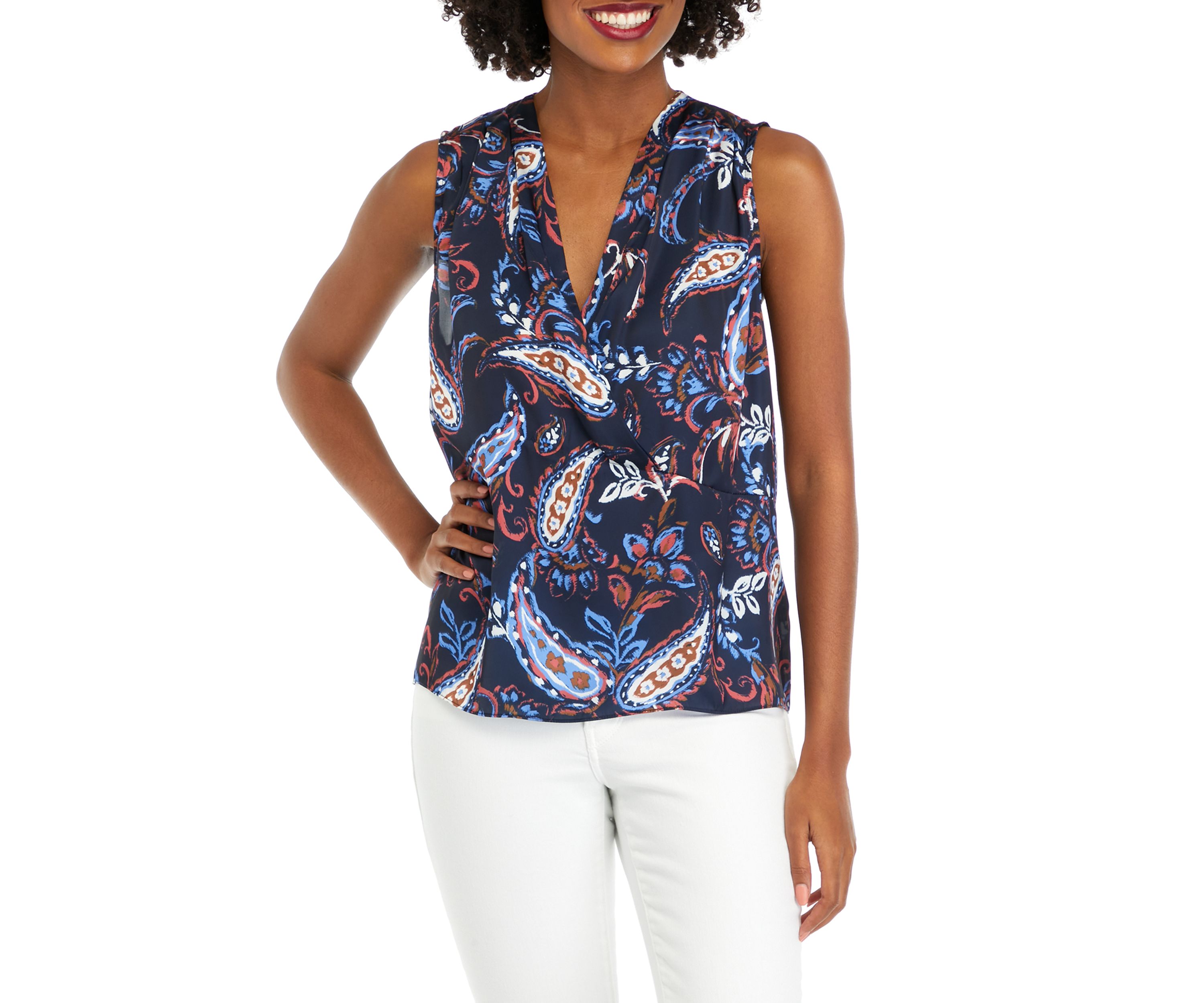 Womens Paisley Print Pleated Satin Sleeveless Shell Top