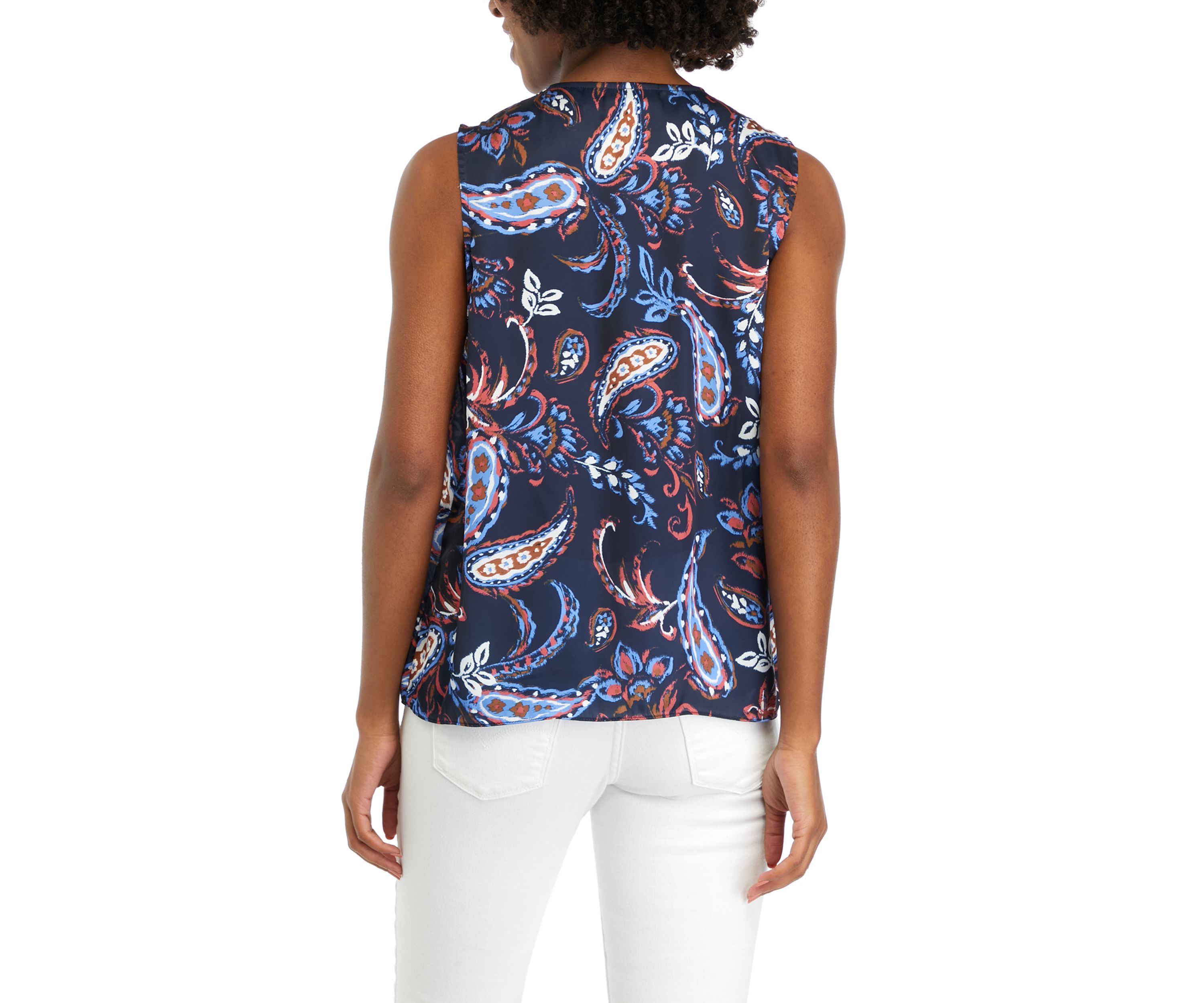 Womens Paisley Print Pleated Satin Sleeveless Shell Top