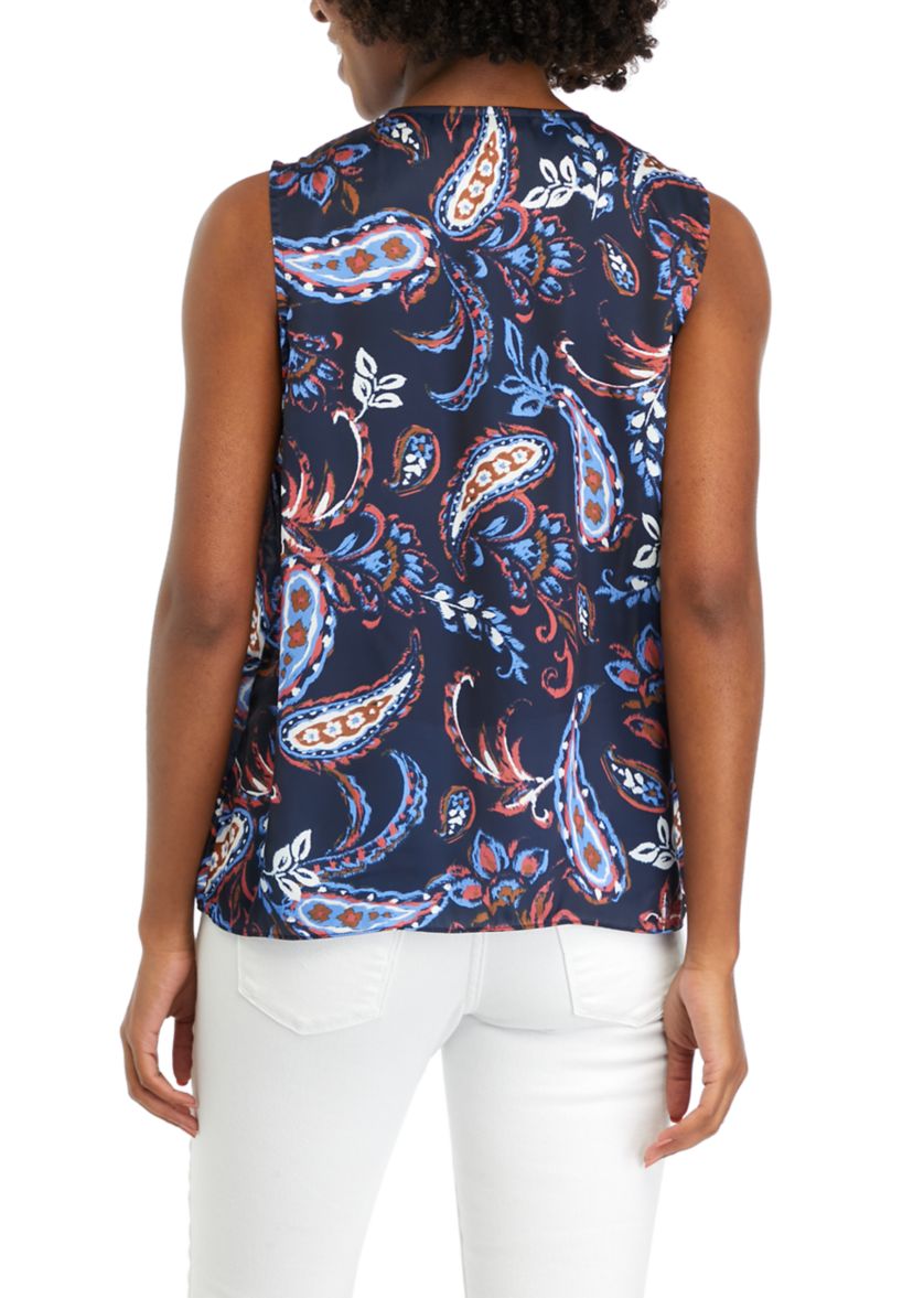 Womens Paisley Print Pleated Satin Sleeveless Shell Top