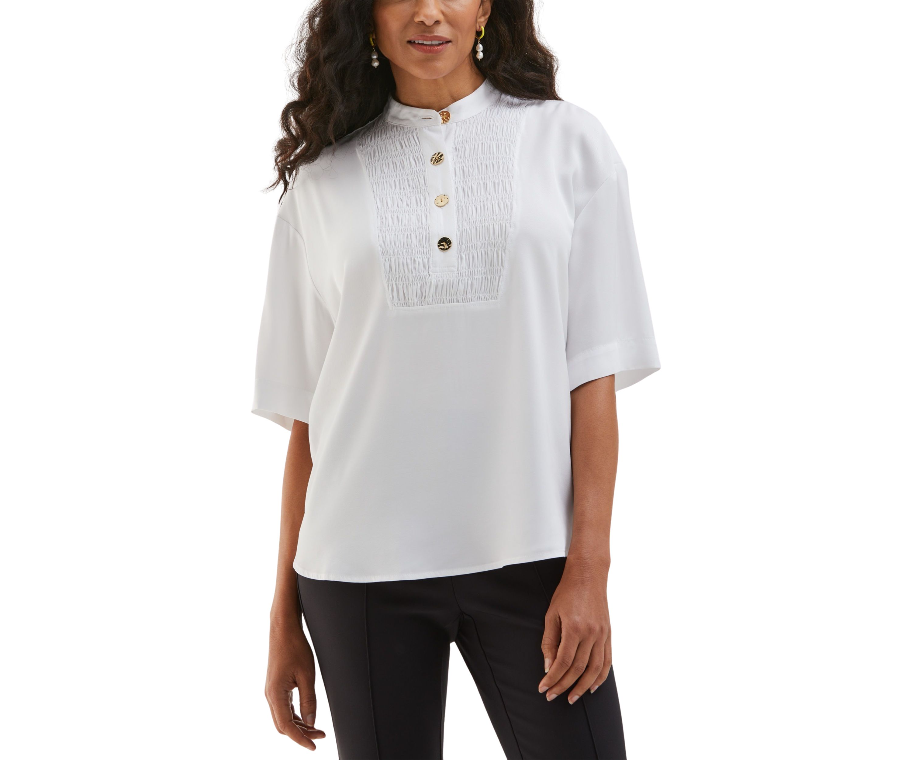 Womens Smocked Banded Collar Short Sleeve Top