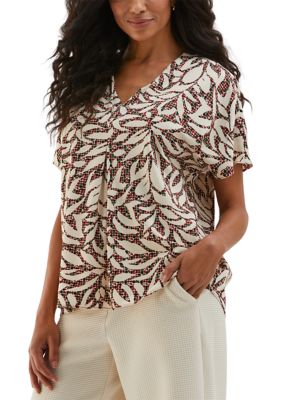 ELLA Rafaella Women's Beach Geometric Print Layered Dolman Short Sleeve Blouse, White, XS