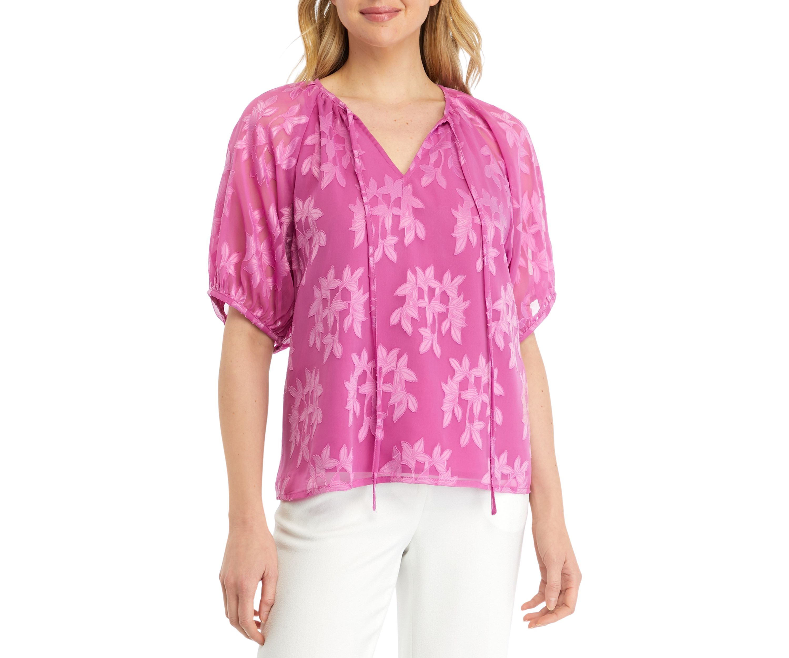 Womens Tie Top Raglan Short Sleeve Printed Blouse