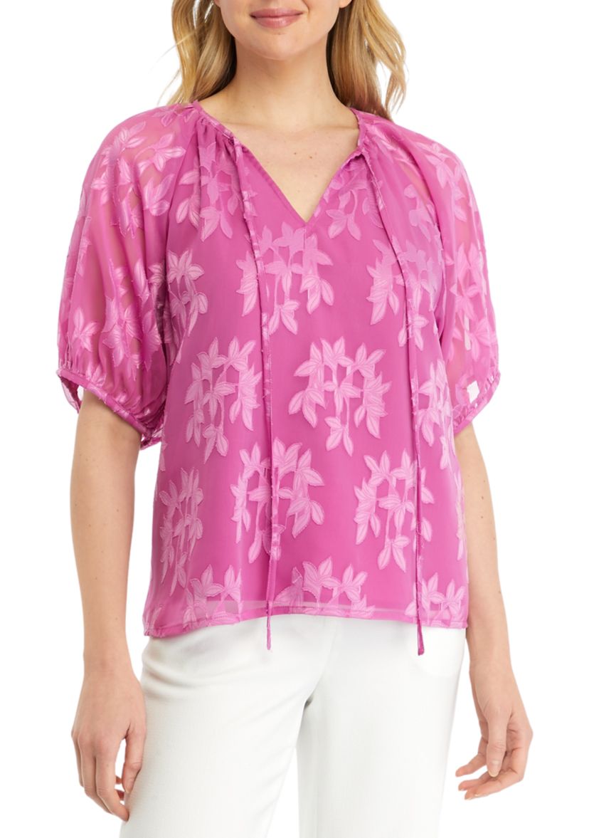 Womens Tie Top Raglan Short Sleeve Printed Blouse