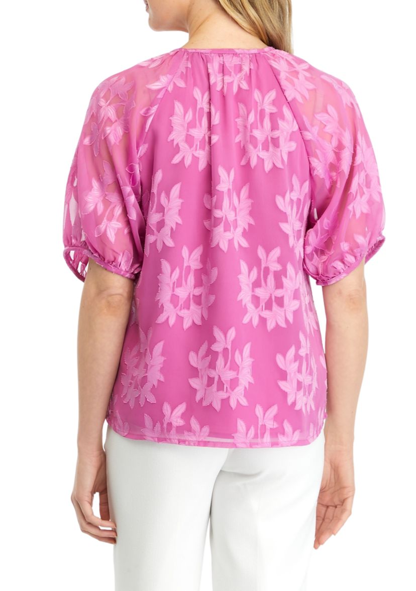 Womens Tie Top Raglan Short Sleeve Printed Blouse